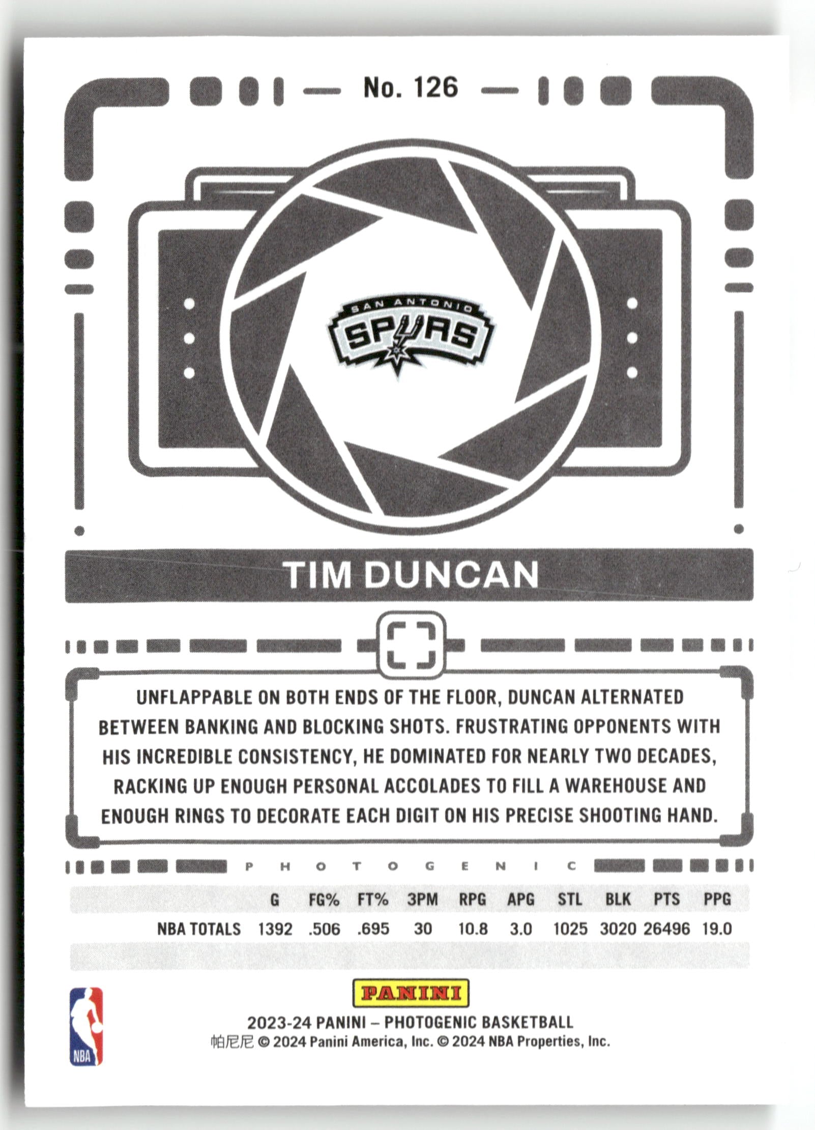 Basketball NBA Tim Duncan 2023-24 Panini Photogenic Basketball #126 San Antonio Spurs Trading Card Original