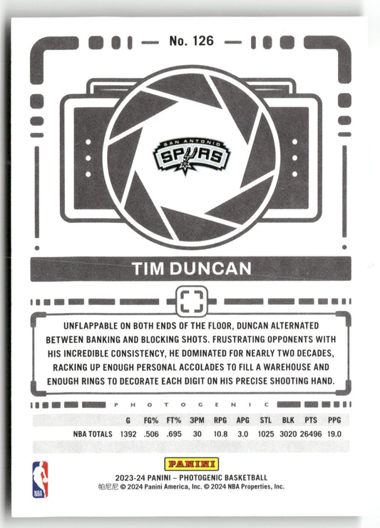 Basketball NBA Tim Duncan 2023-24 Panini Photogenic Basketball #126 San Antonio Spurs Trading Card Original