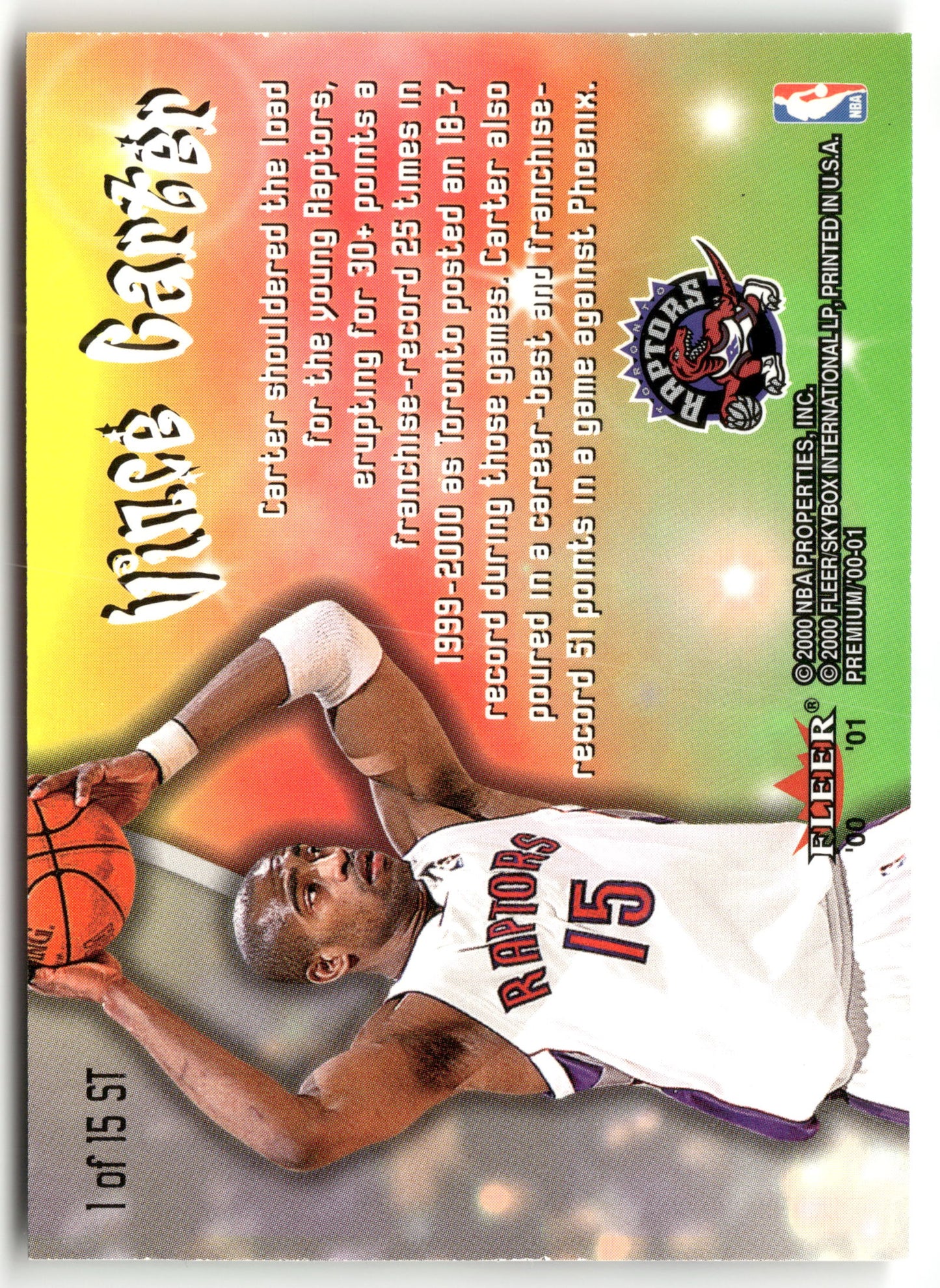 Basketball NBA Vince Carter 2000-01 Fleer Premium #1 of 15 ST Soul Train Insert Toronto Raptors Trading Card Original