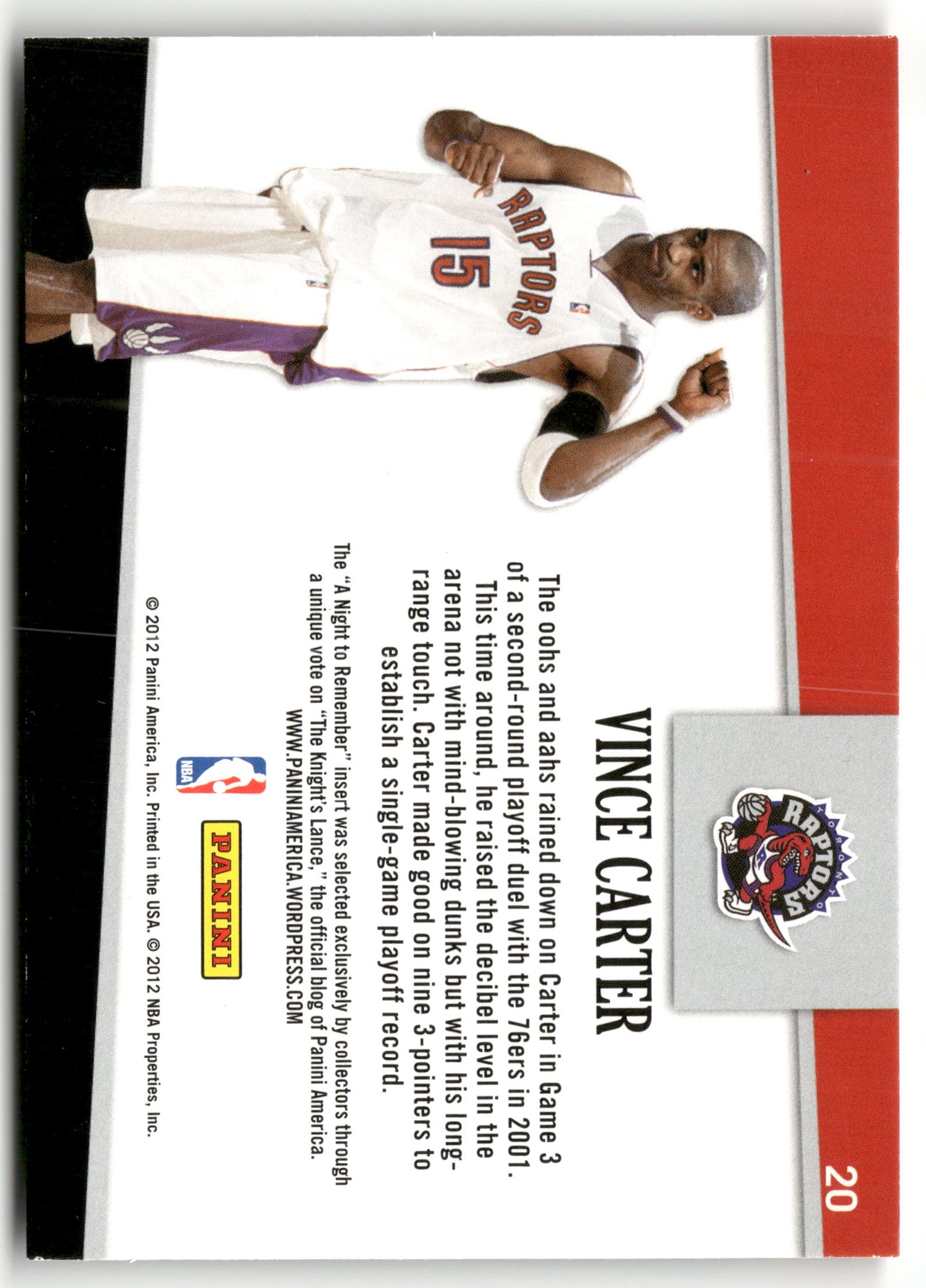 Basketball NBA Vince Carter 2011-12 NBA Hoops #20 A Night to Remember Toronto Raptors Trading Card Original