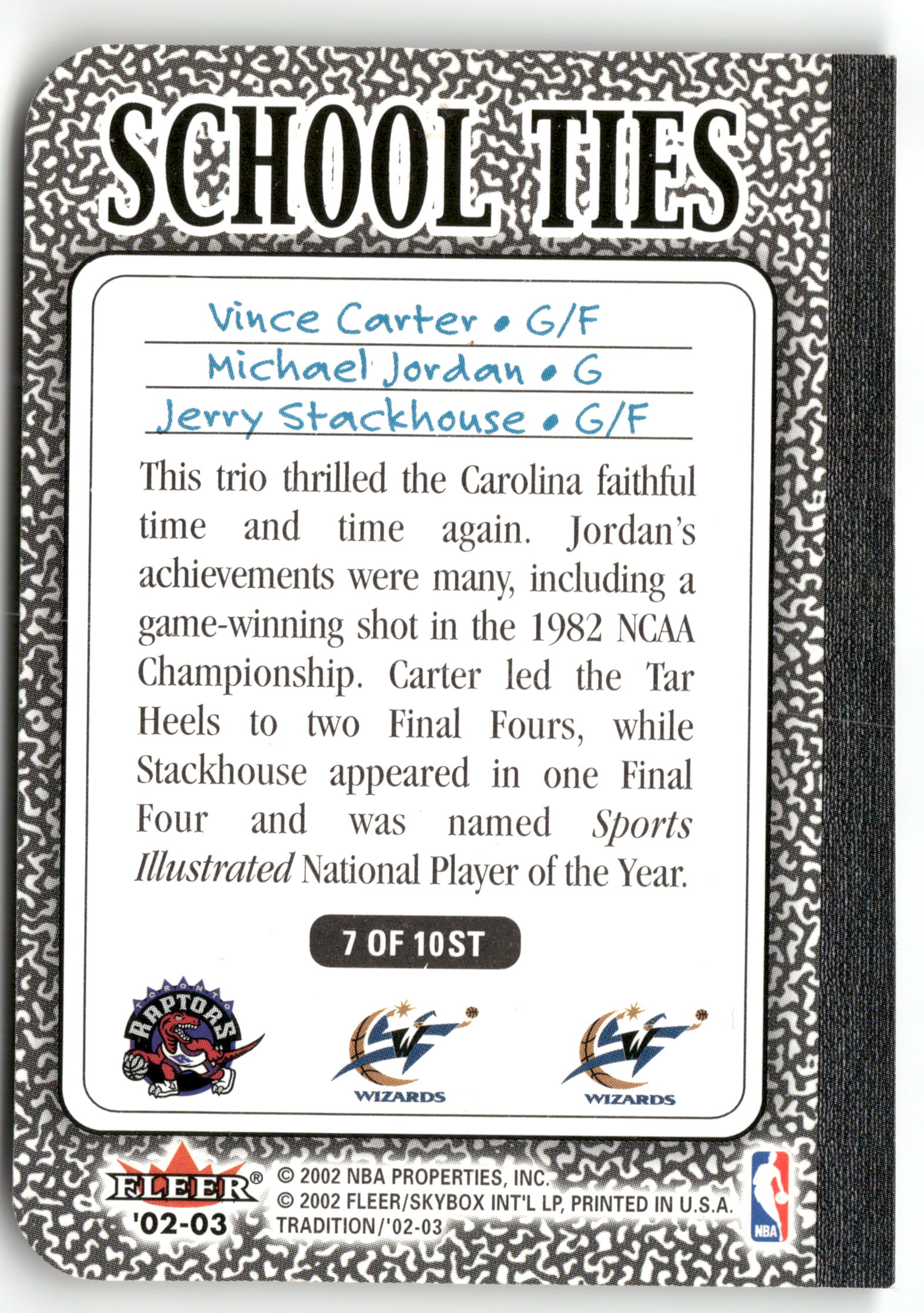 Basketball NBA Vince Carter / Michael Jordan / Jerry Stackhouse 2002-03 Fleer Tradition #7 of 10ST School Ties Insert Toronto Raptors / Washington Wizards Trading Card Original
