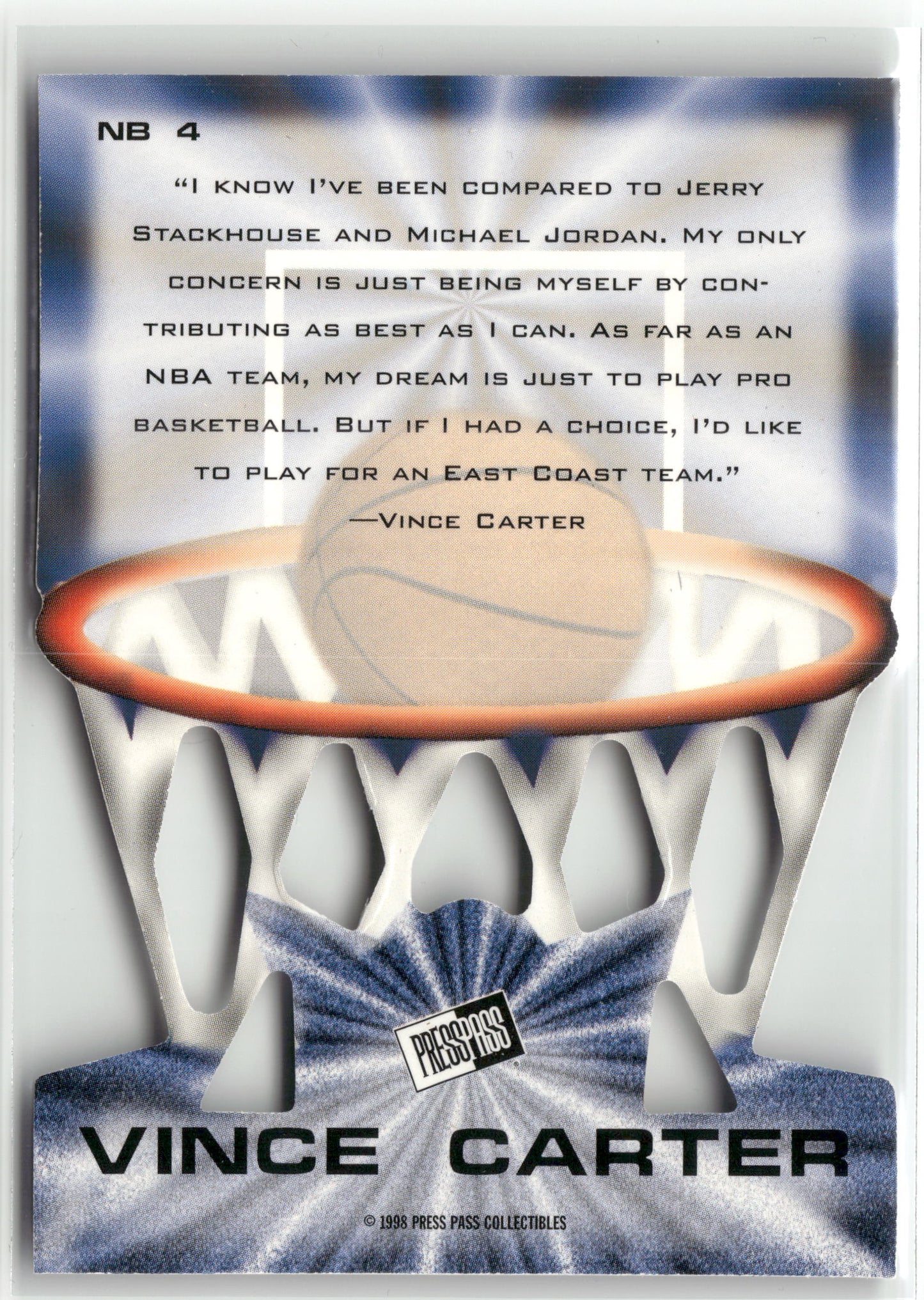 Basketball NBA Vince Carter 1998 Press Pass Prestige Net Burners #NB 4 Net Burners North Carolina Trading Card Original