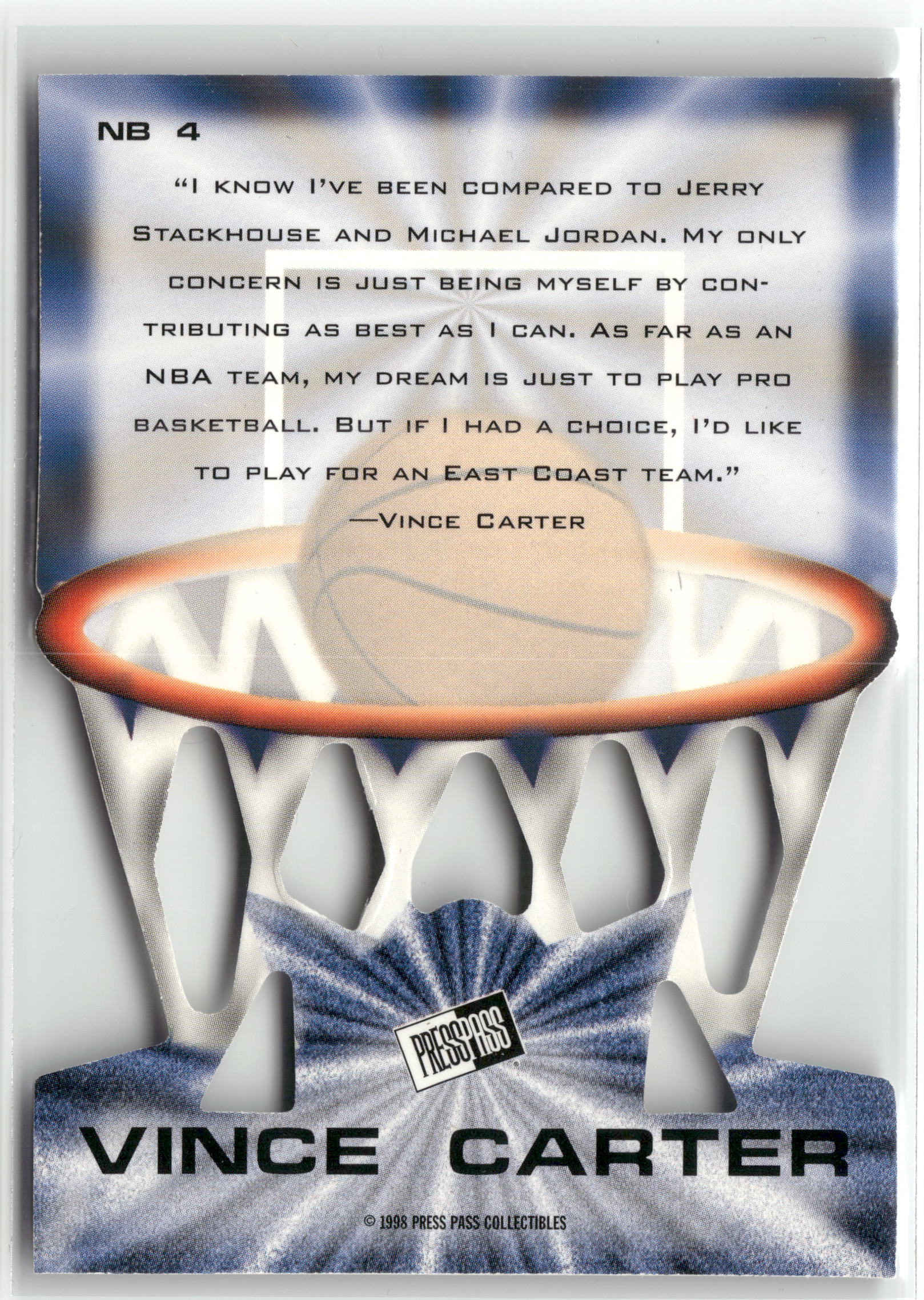Basketball NBA Vince Carter 1998 Press Pass Prestige Net Burners #NB 4 Net Burners North Carolina Trading Card Original