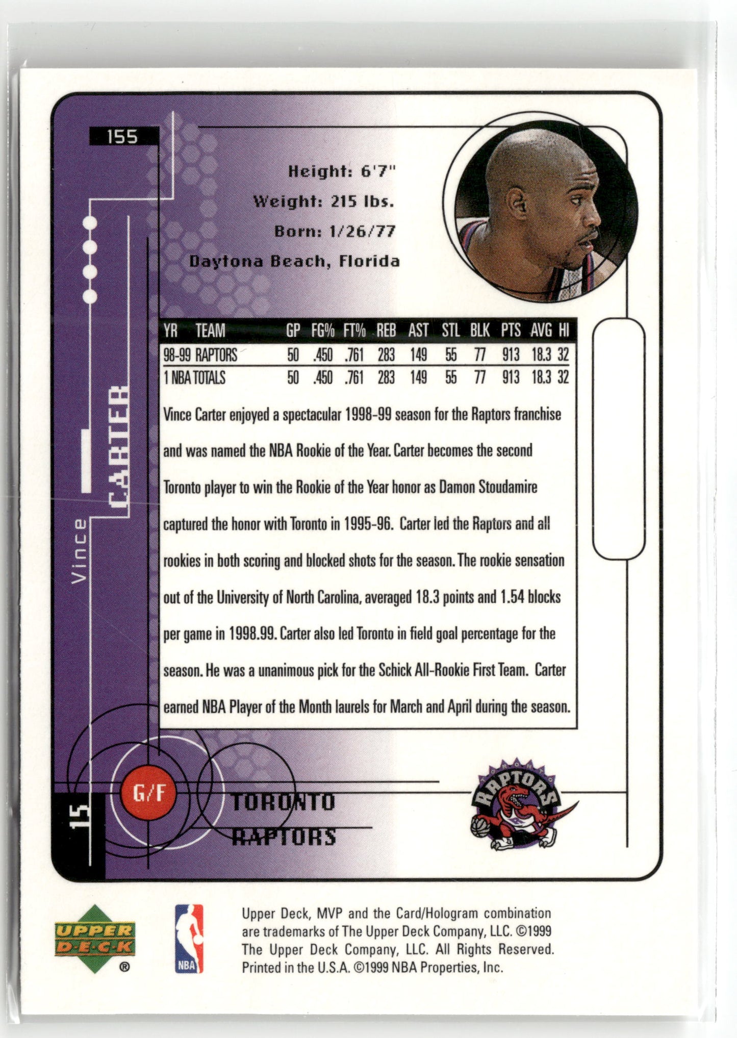 Basketball NBA Vince Carter Upper Deck MVP 1999-00 #155 Toronto Raptors Trading Card Original