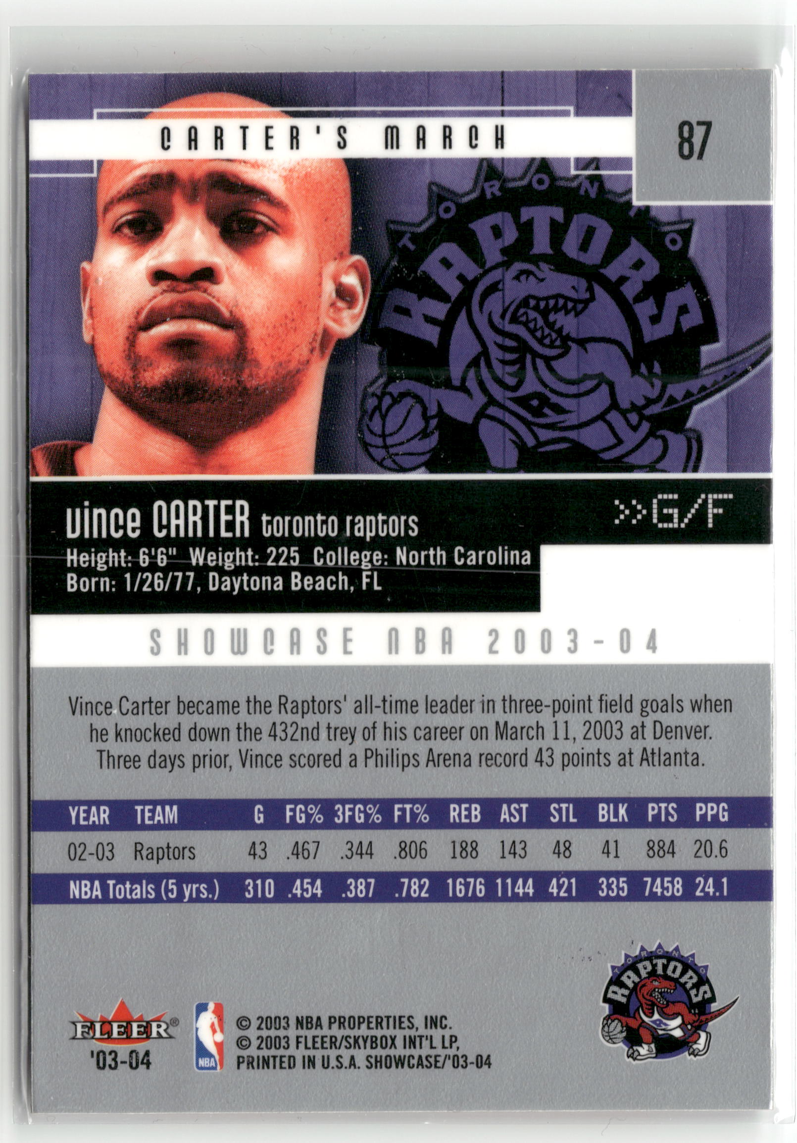 Basketball NBA Vince Carter 2003-04 Fleer Showcase NBA #87 Refractor Toronto Raptors Trading Card Original
