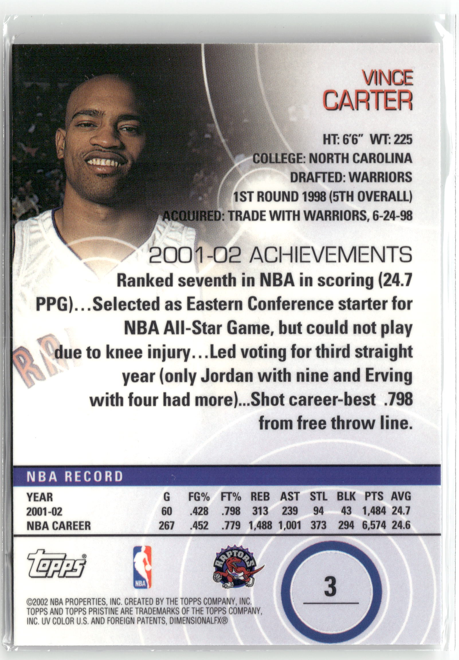 Basketball NBA Vince Carter Topps Pristine 2002-03 #3 Toronto Raptors Trading Card Original
