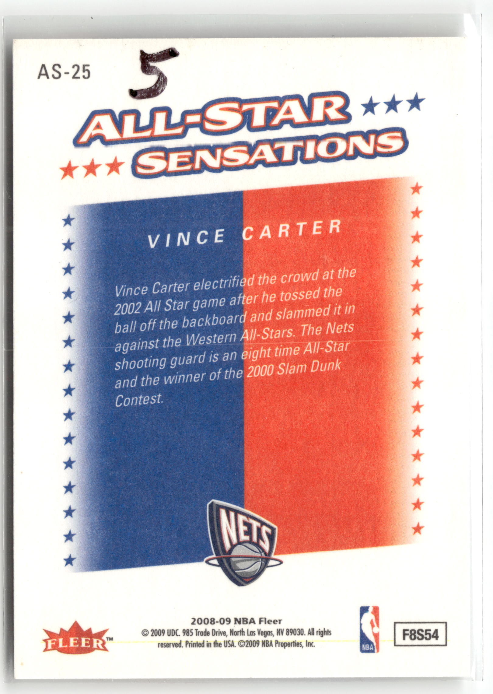 Basketball NBA Vince Carter 2008-09 NBA Fleer #AS-25 All-Star Sensations New Jersey Nets Trading Card Original