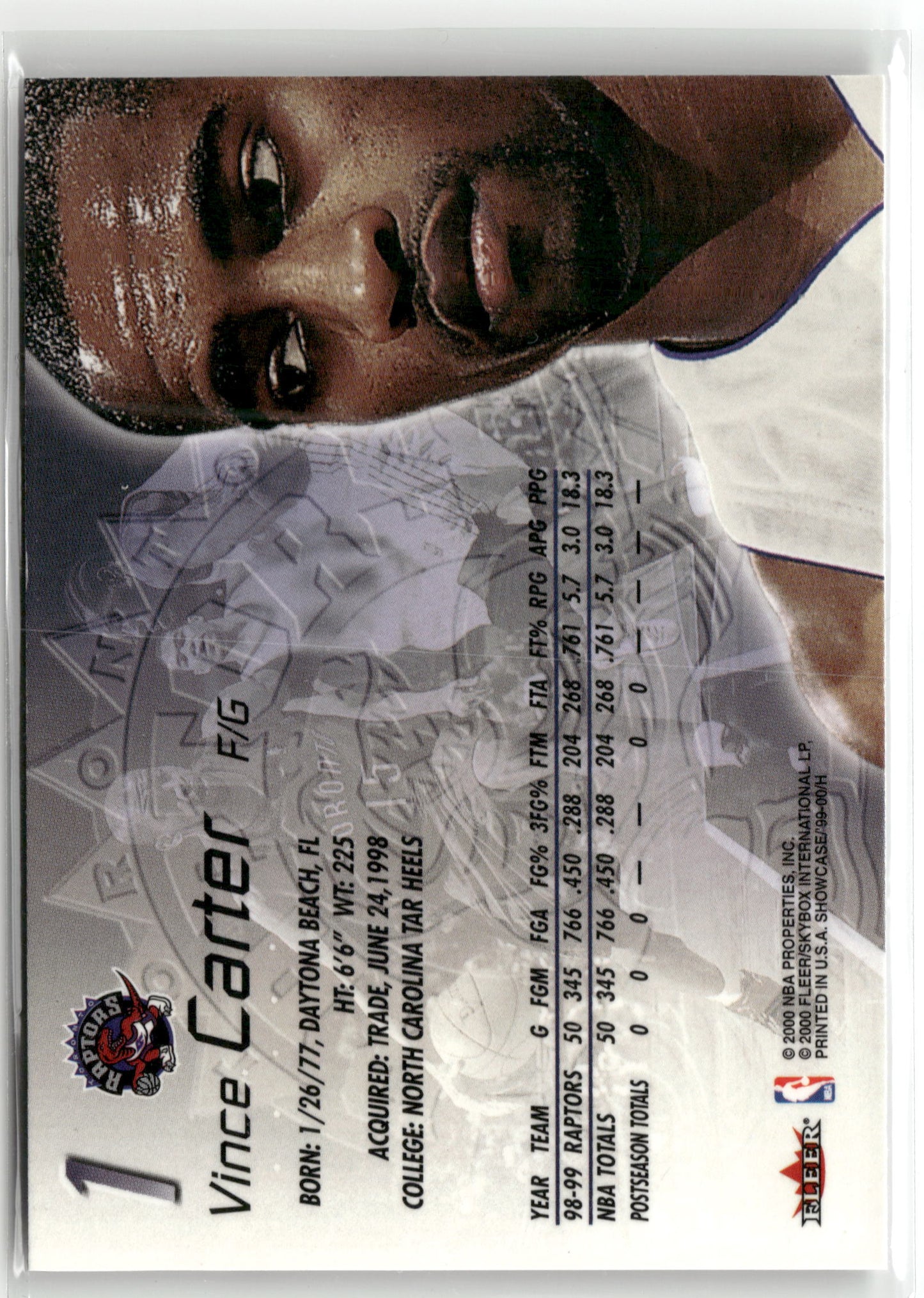 Basketball NBA Vince Carter 1999-00 Flair Showcase #1 Toronto Raptors Trading Card Original