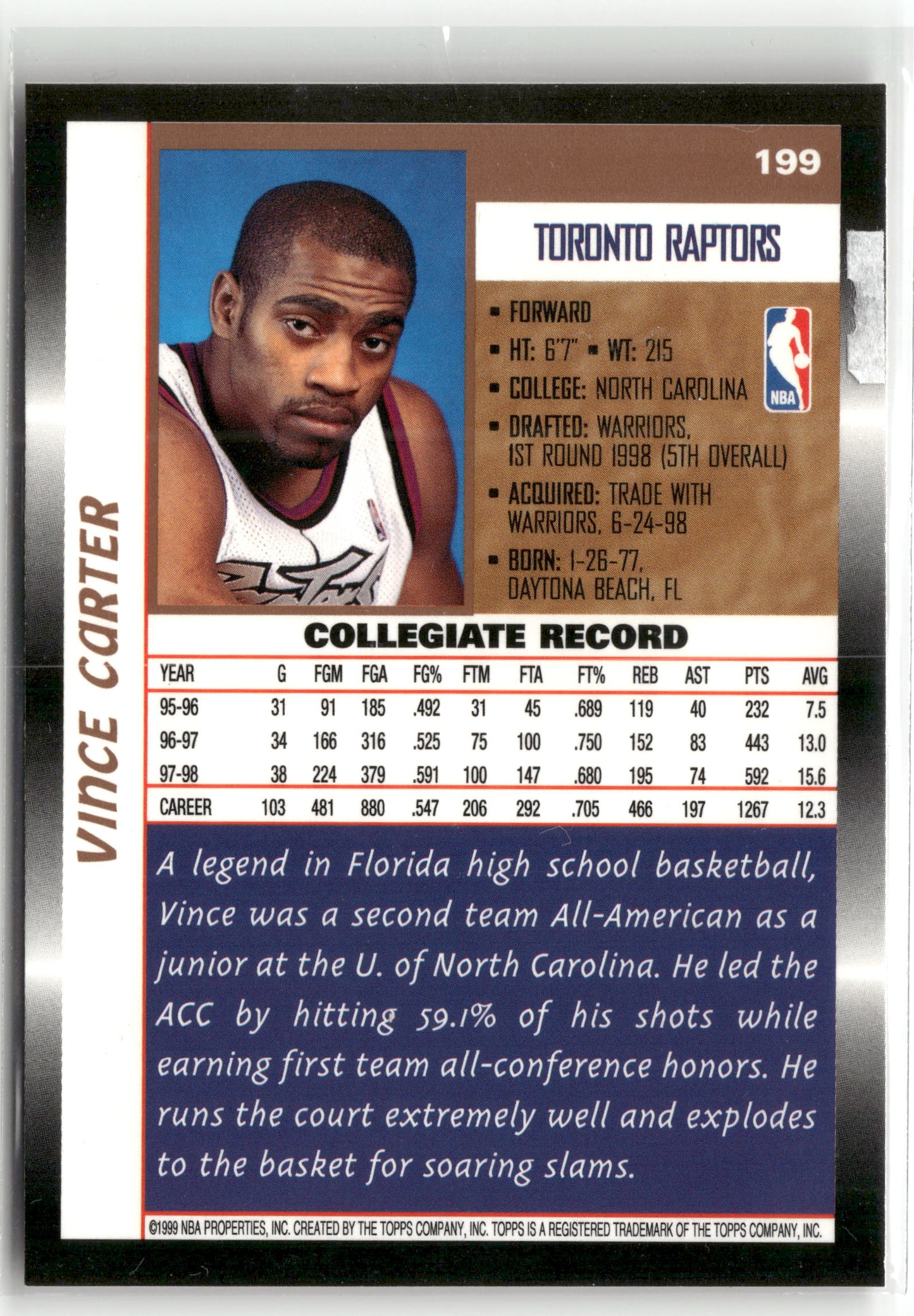 Basketball NBA Vince Carter 1998-99 Topps #199 Rookie Card Toronto Raptors Rookie Card RC Trading Card Original