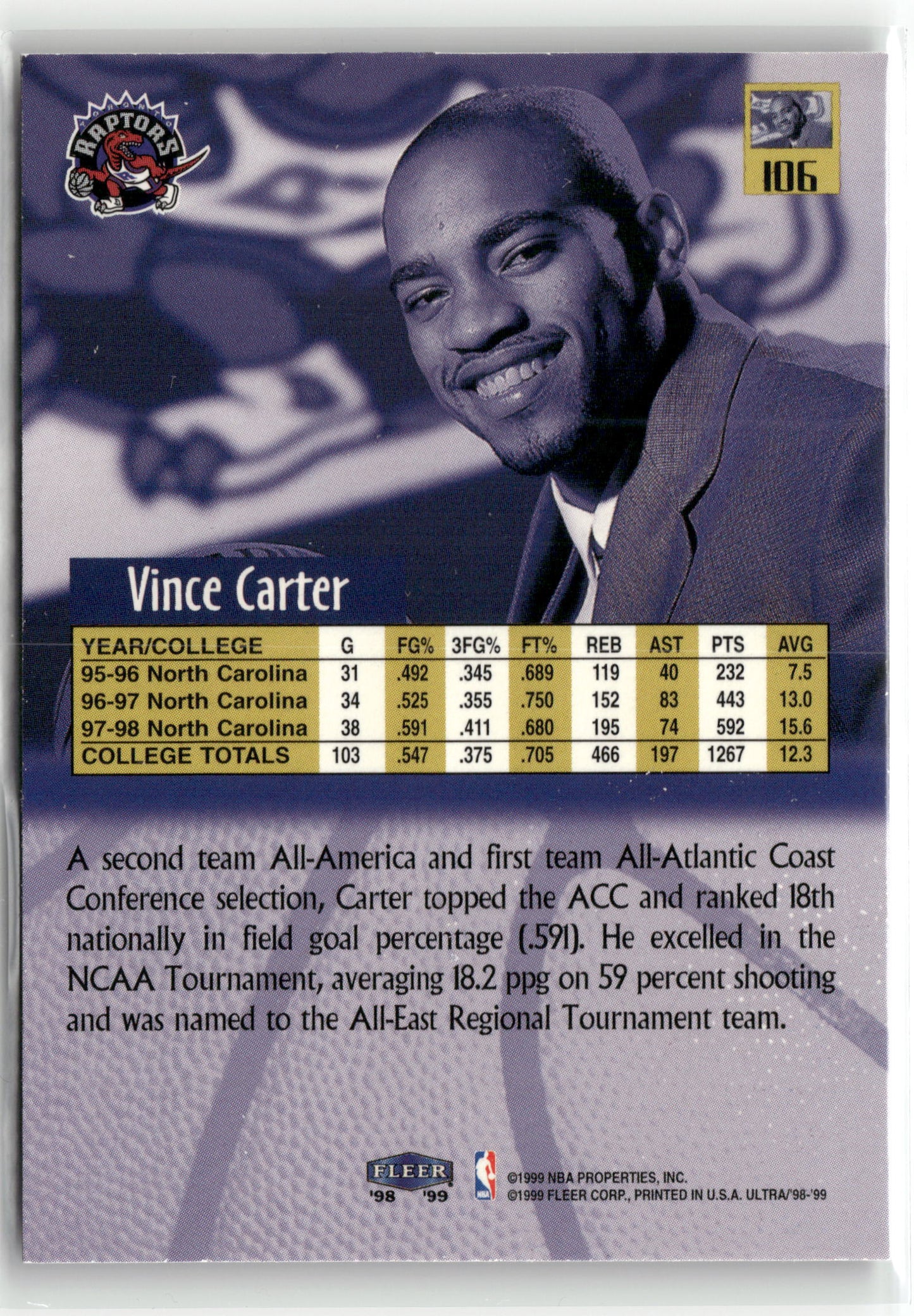 Basketball NBA Vince Carter 1998-99 Fleer Ultra #106 Toronto Raptors Rookie Card RC Trading Card Original