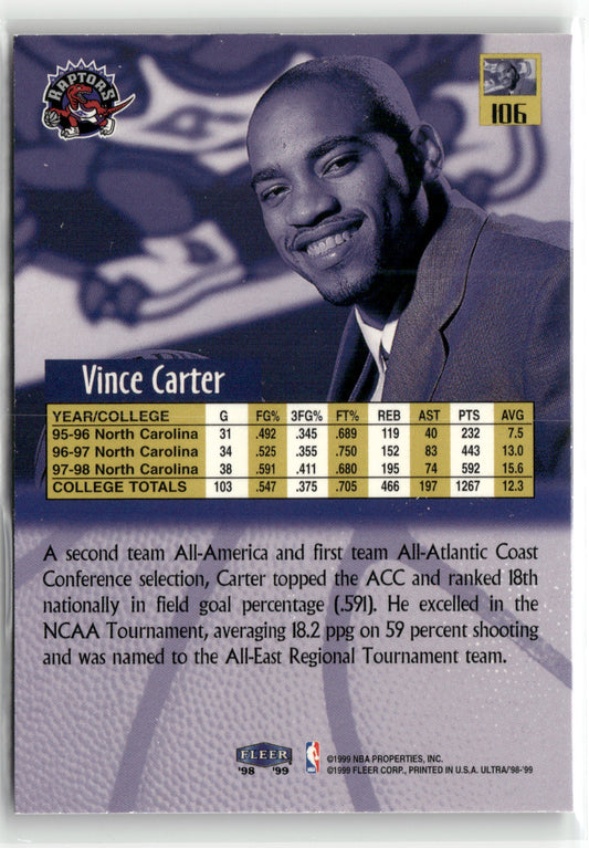 Basketball NBA Vince Carter 1998-99 Fleer Ultra #106 Toronto Raptors Rookie Card RC Trading Card Original