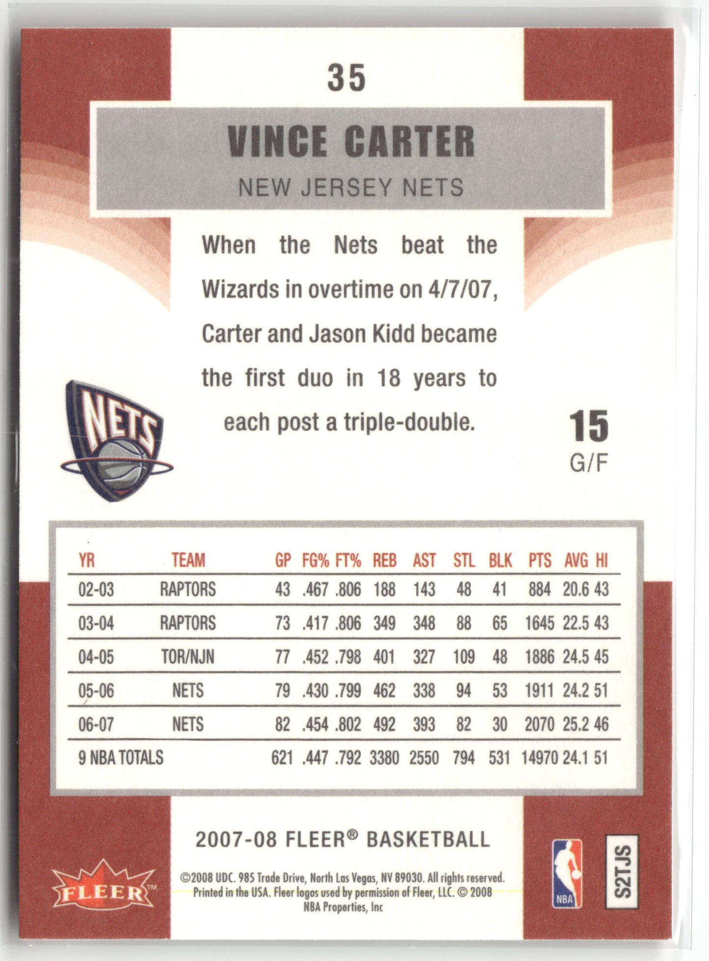 Basketball NBA Vince Carter 2007-08 Fleer Basketball #35 New Jersey Nets Trading Card Original