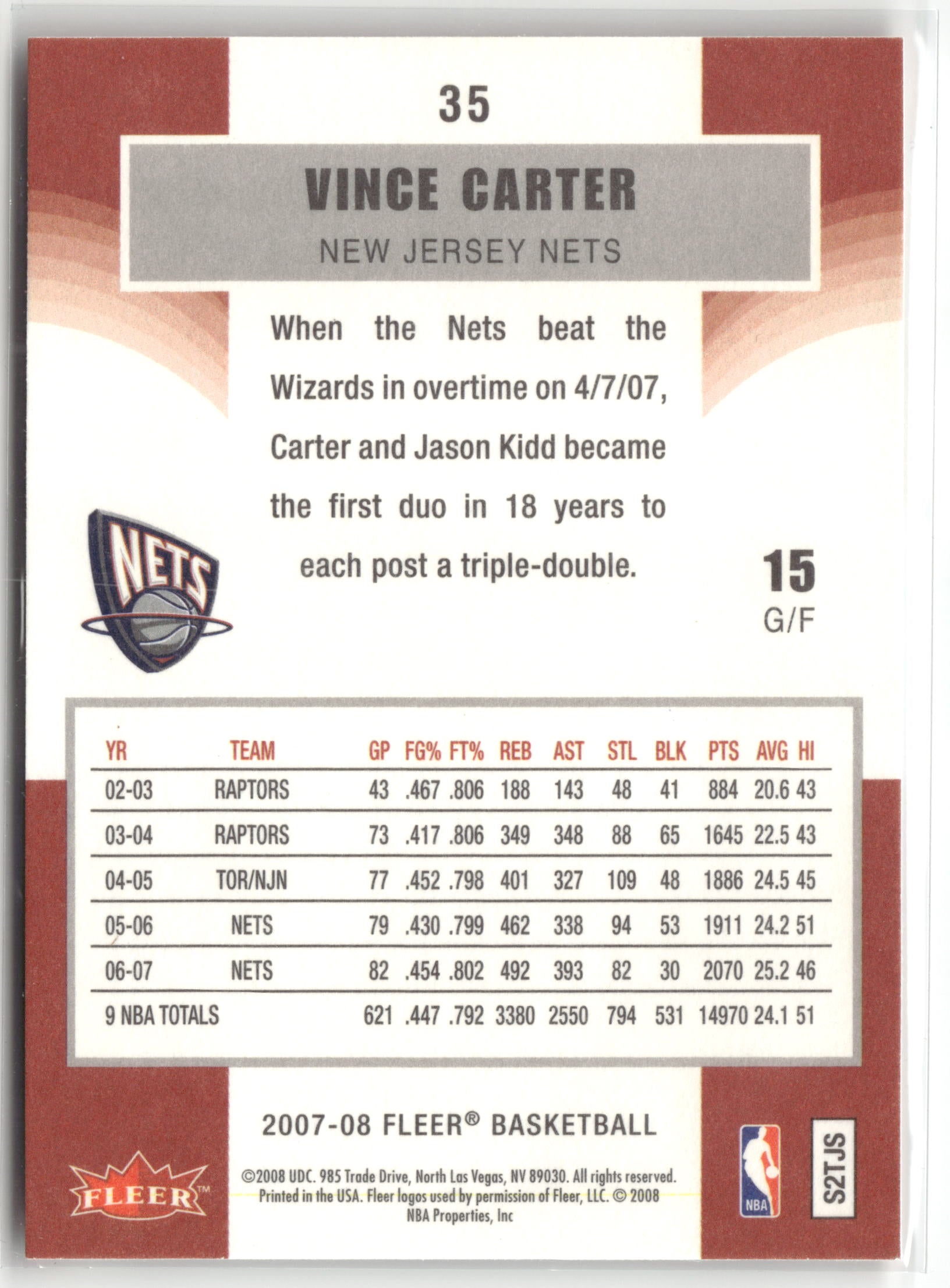 Basketball NBA Vince Carter 2007-08 Fleer Basketball #35 New Jersey Nets Trading Card Original