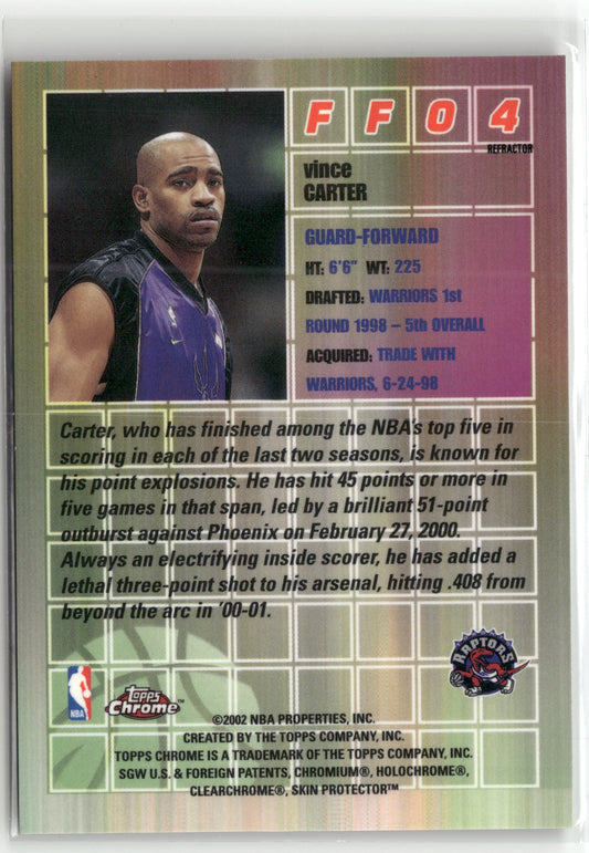 Basketball NBA Vince Carter 2001-02 Topps Chrome #FF04 Fast & Furious Refractor Toronto Raptors Trading Card Original
