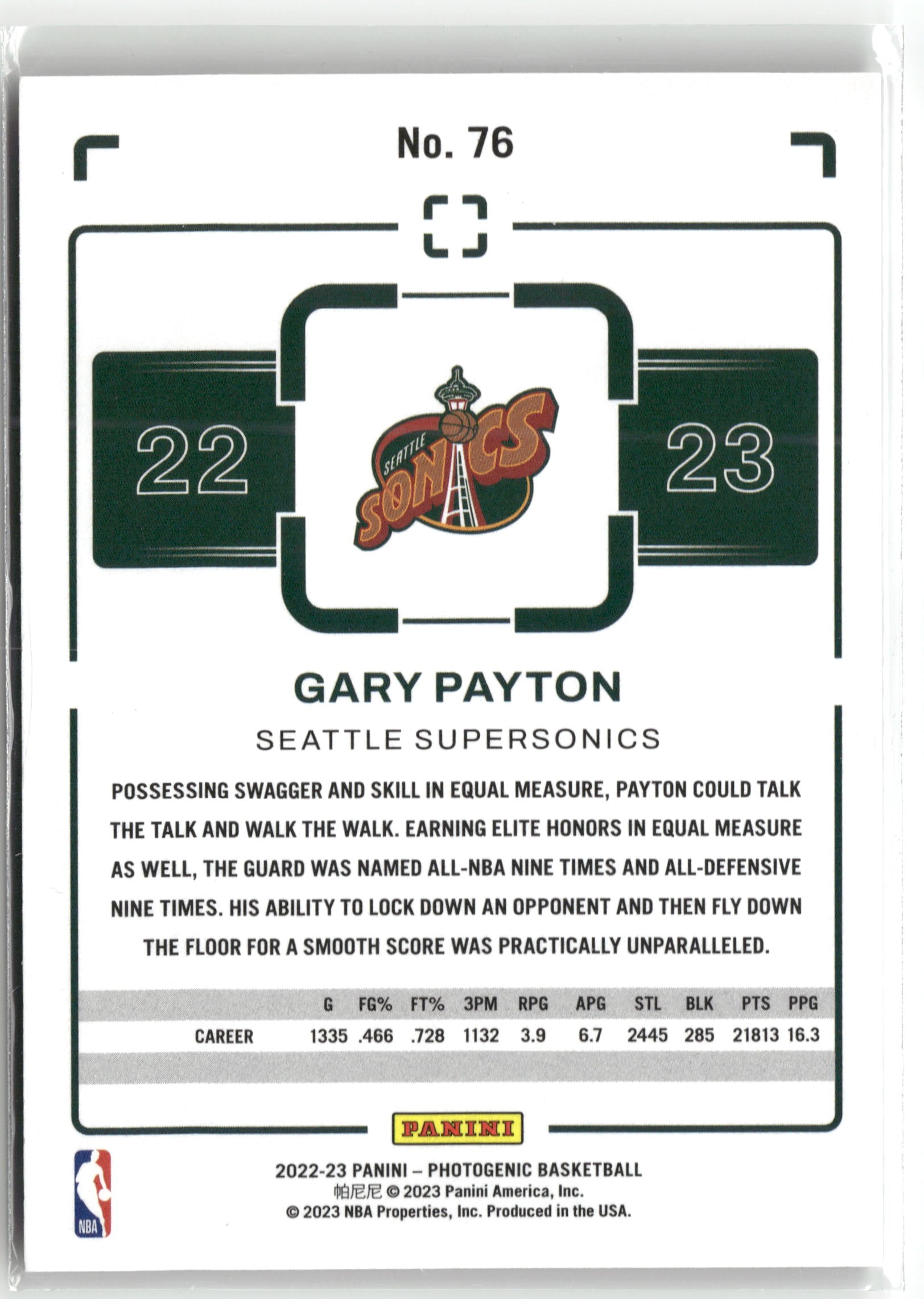 Basketball NBA Gary Payton 2022-23 Panini Photogenic Basketball #76 Seattle SuperSonics Trading Card Original