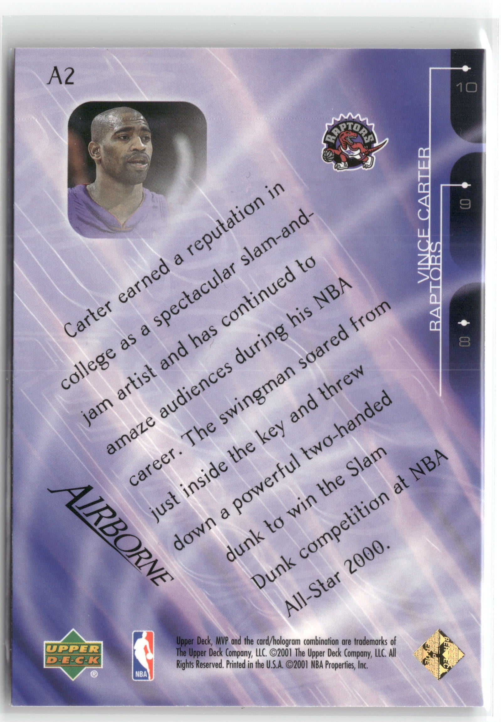 Basketball NBA Vince Carter 2000-01 Upper Deck MVP #A2 Airborne Toronto Raptors Trading Card Original