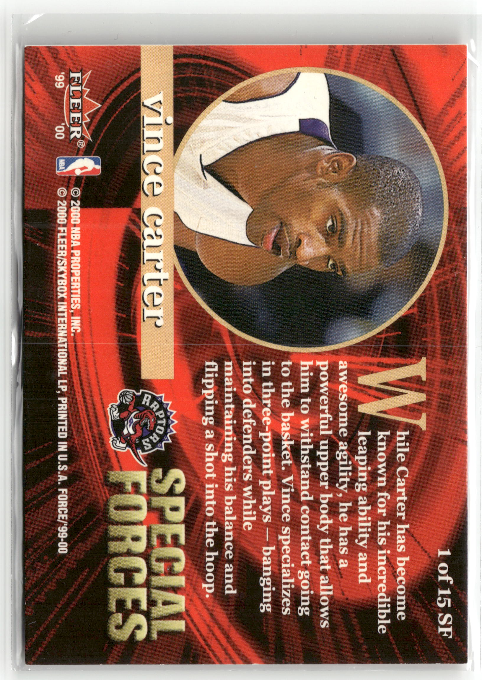 Basketball NBA Vince Carter 1999-00 Fleer Special Forces #1 of 15 SF Toronto Raptors Trading Card Original