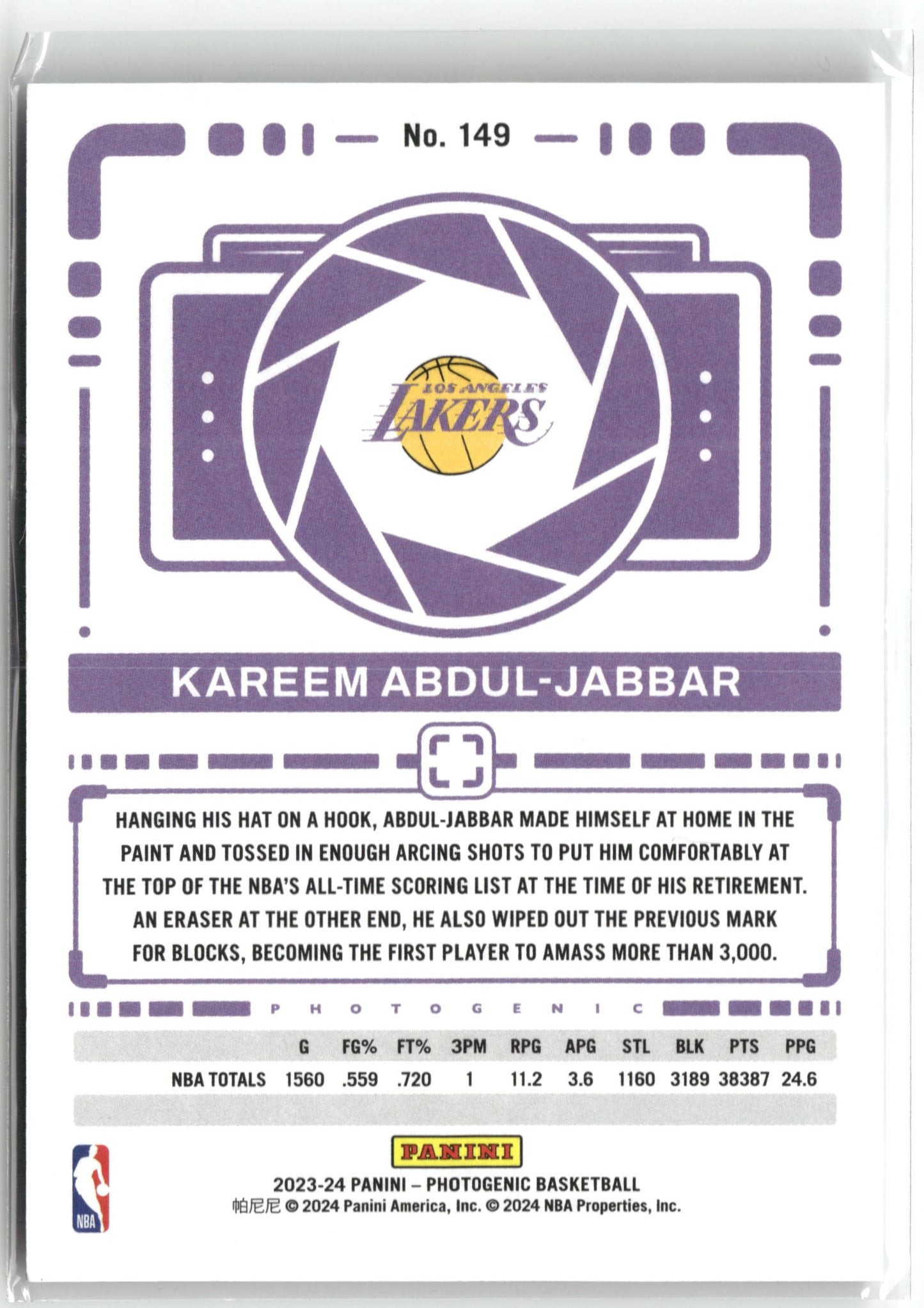 Basketball NBA Kareem Abdul-Jabbar 2023-24 Panini Photogenic Basketball #149 Los Angeles Lakers Trading Card Original