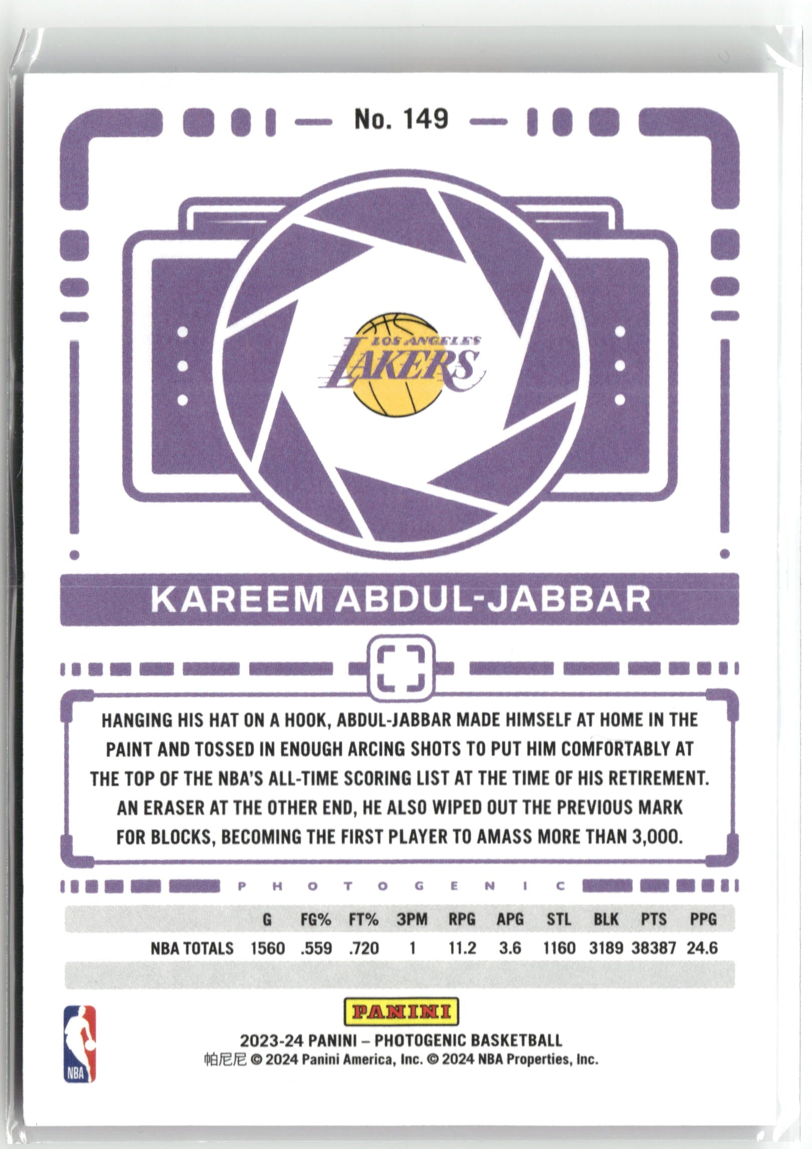 Basketball NBA Kareem Abdul-Jabbar 2023-24 Panini Photogenic Basketball #149 Los Angeles Lakers Trading Card Original