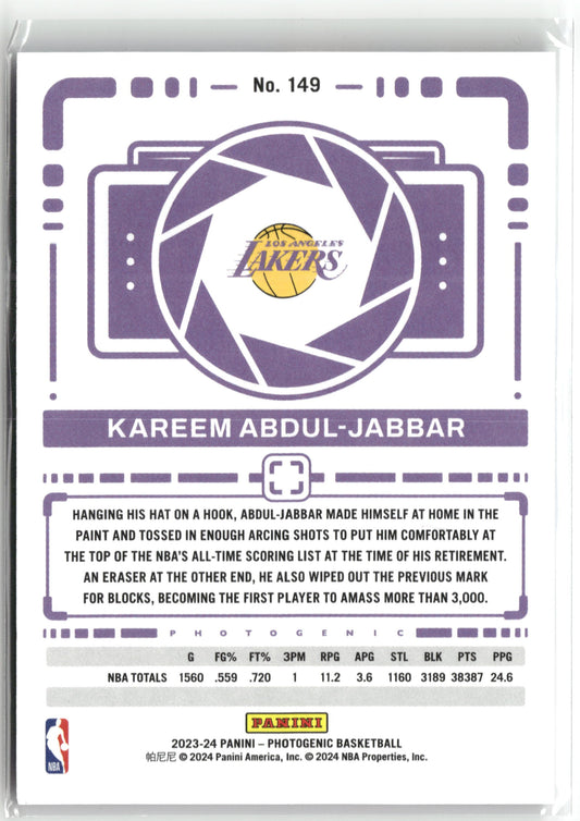 Basketball NBA Kareem Abdul-Jabbar 2023-24 Panini Photogenic Basketball #149 Los Angeles Lakers Trading Card Original
