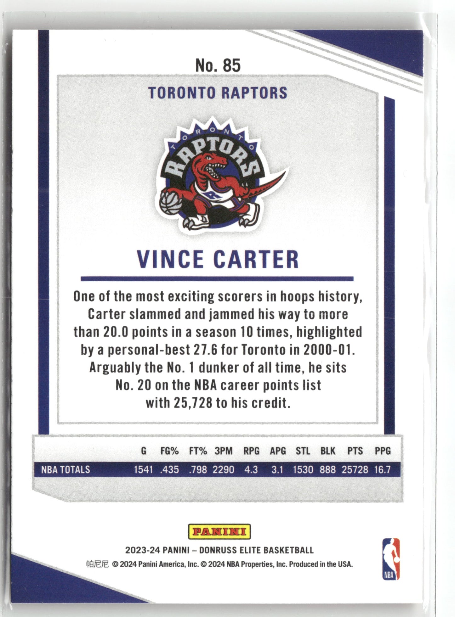Basketball NBA Vince Carter 2023-24 Panini Donruss Elite Basketball #85 Red Toronto Raptors Trading Card Original