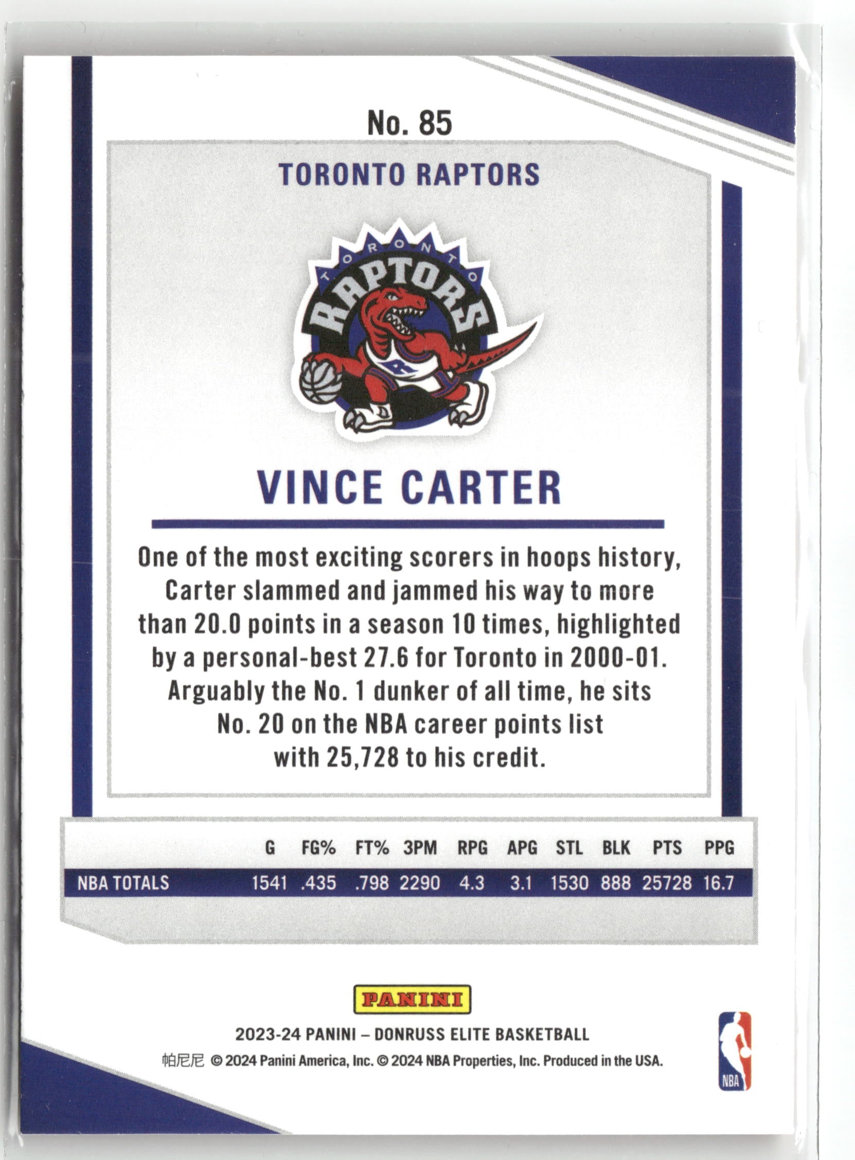 Basketball NBA Vince Carter 2023-24 Panini Donruss Elite Basketball #85 Red Toronto Raptors Trading Card Original