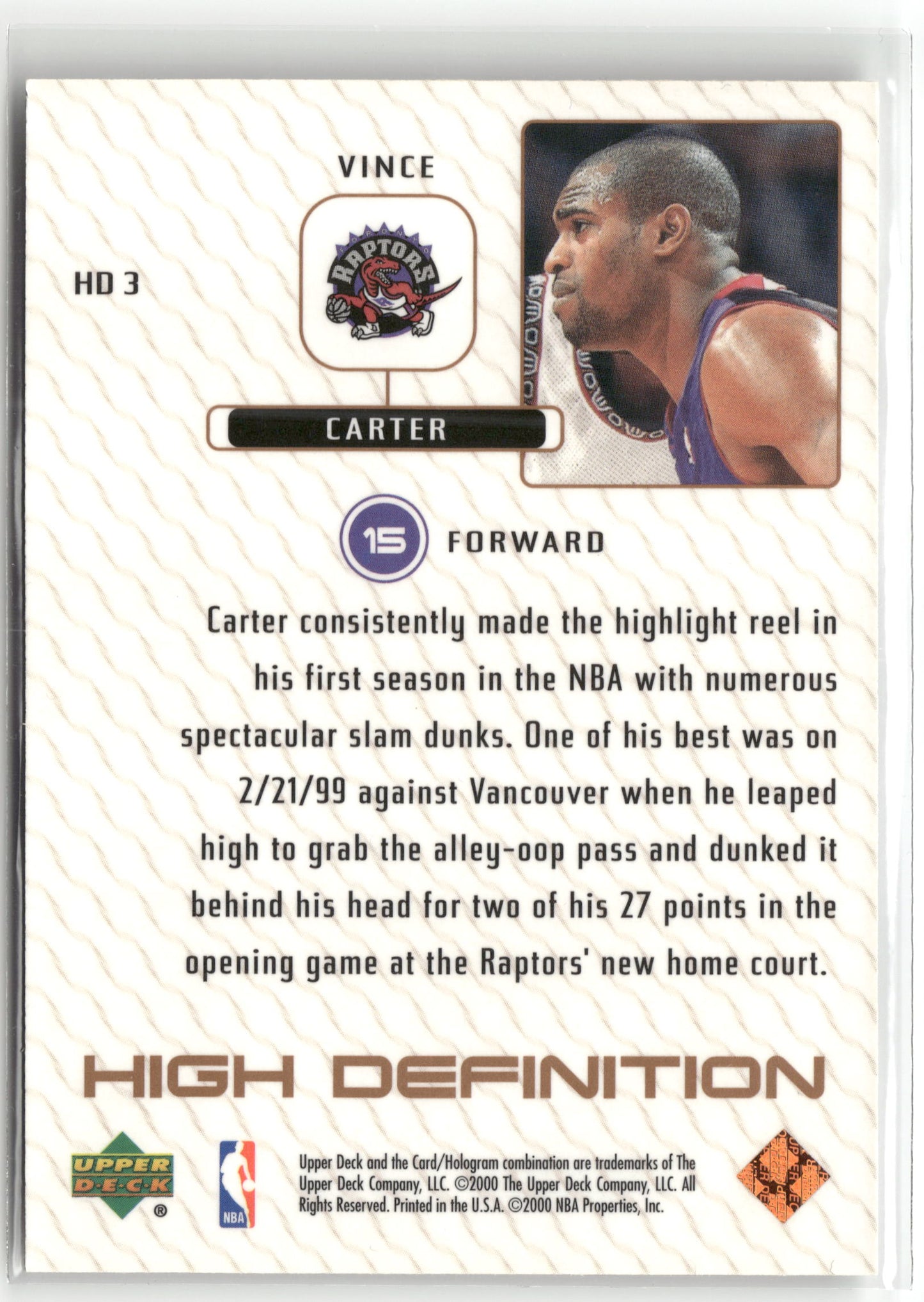 Basketball NBA Vince Carter 2000 Upper Deck High Definition #HD3 Toronto Raptors Trading Card Original