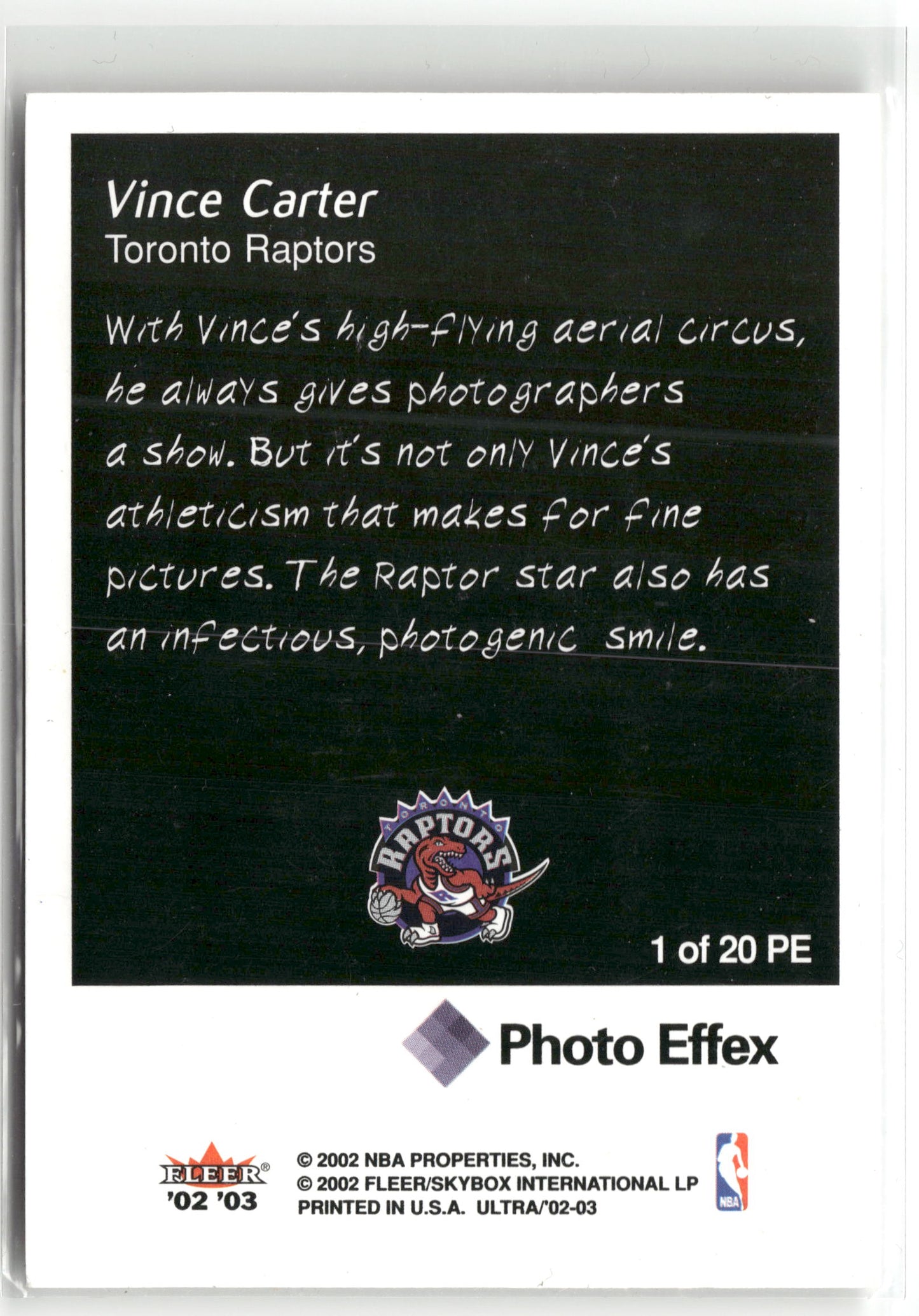 Basketball NBA Vince Carter 2002-03 Fleer Ultra #1 of 20 PE Photo Effex Toronto Raptors Trading Card Original