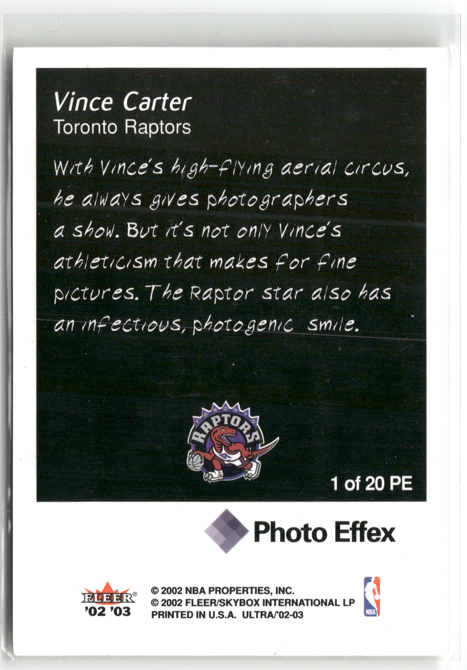 Basketball NBA Vince Carter 2002-03 Fleer Ultra #1 of 20 PE Photo Effex Toronto Raptors Trading Card Original
