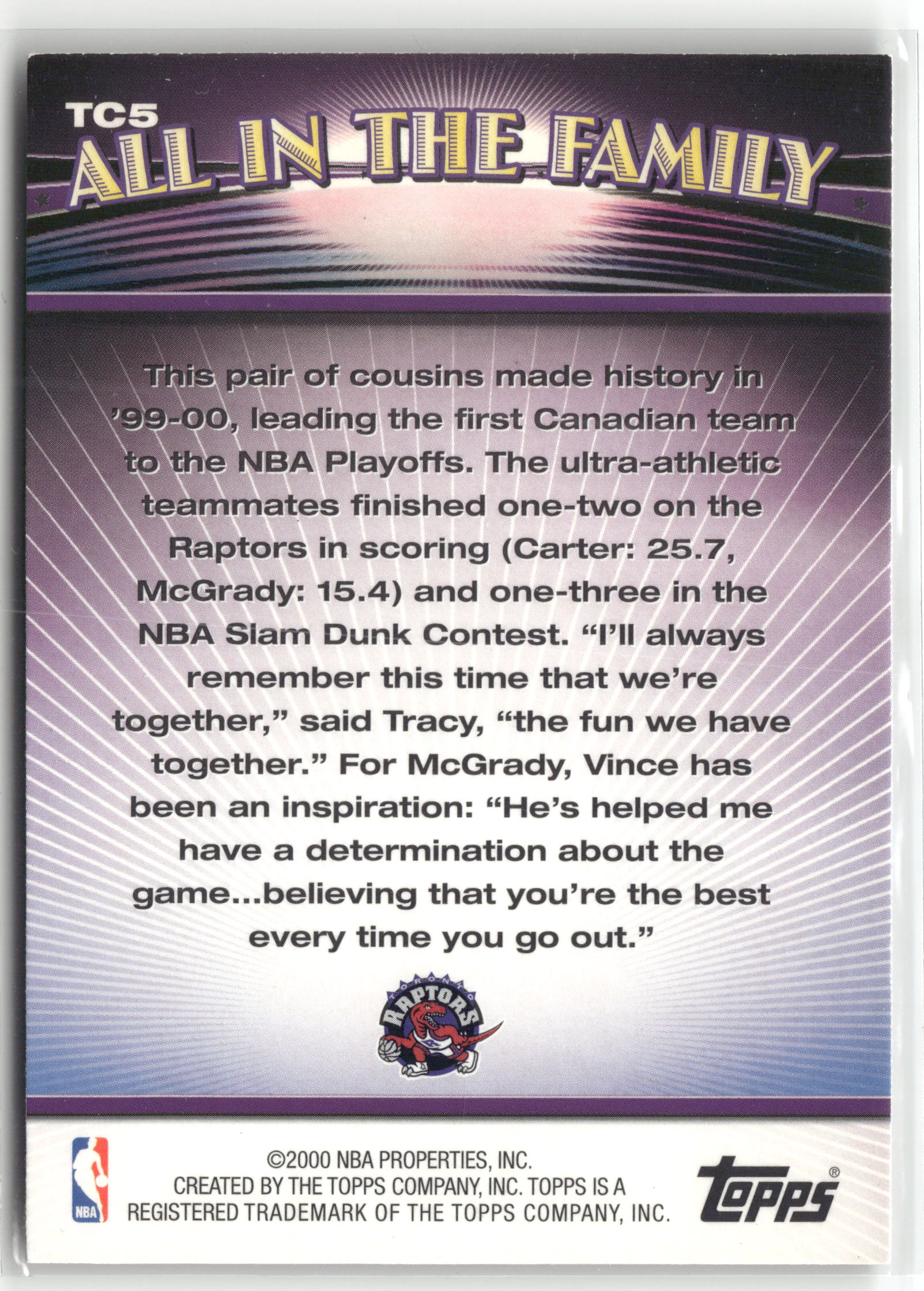 Basketball NBA Vince Carter / Tracy McGrady 2000 Topps All in the Family #TC5 Toronto Raptors Trading Card Original