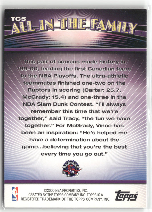 Basketball NBA Vince Carter / Tracy McGrady 2000 Topps All in the Family #TC5 Toronto Raptors Trading Card Original