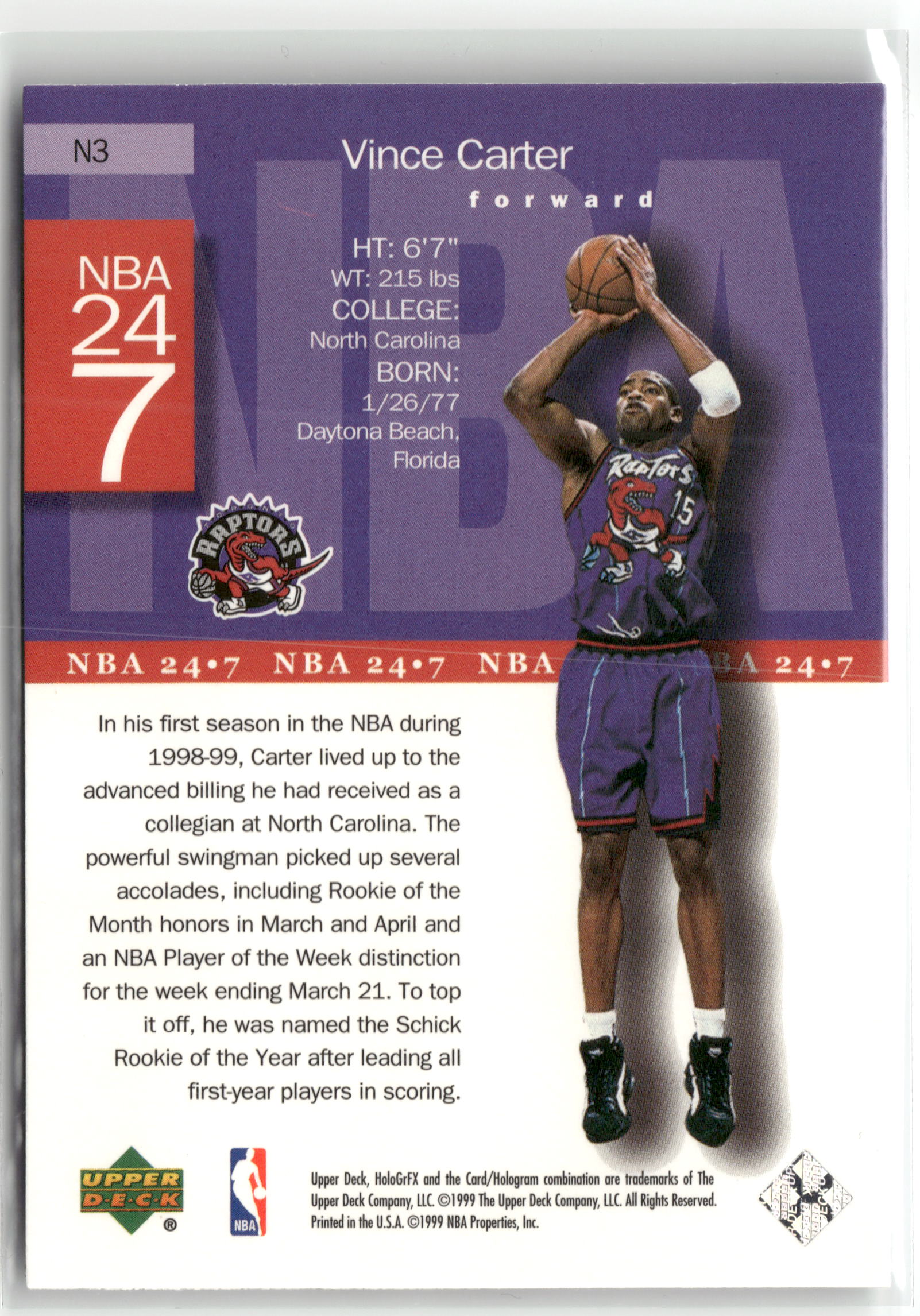 Basketball NBA Vince Carter 1999-00 Upper Deck HoloGrFX NBA 24/7 #N3 Toronto Raptors Trading Card Original