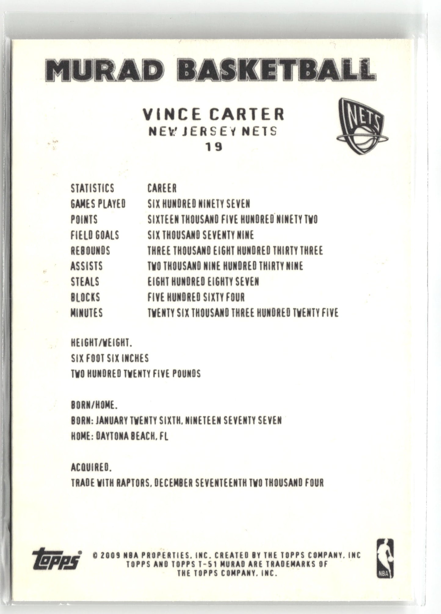 Basketball NBA Vince Carter 2009 Topps T-51 Murad Basketball #19 New Jersey Nets Trading Card Original