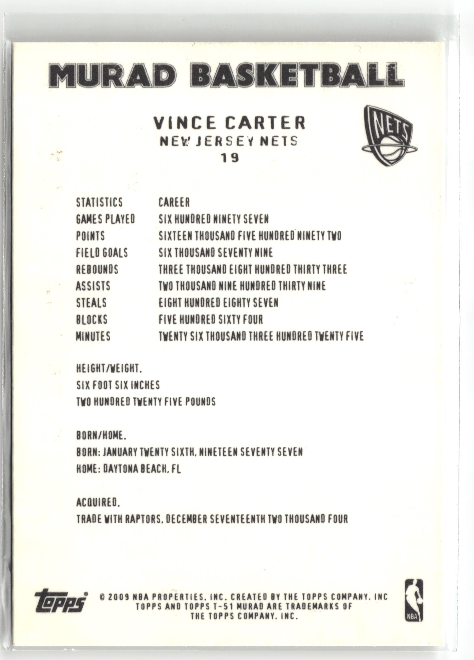 Basketball NBA Vince Carter 2009 Topps T-51 Murad Basketball #19 New Jersey Nets Trading Card Original