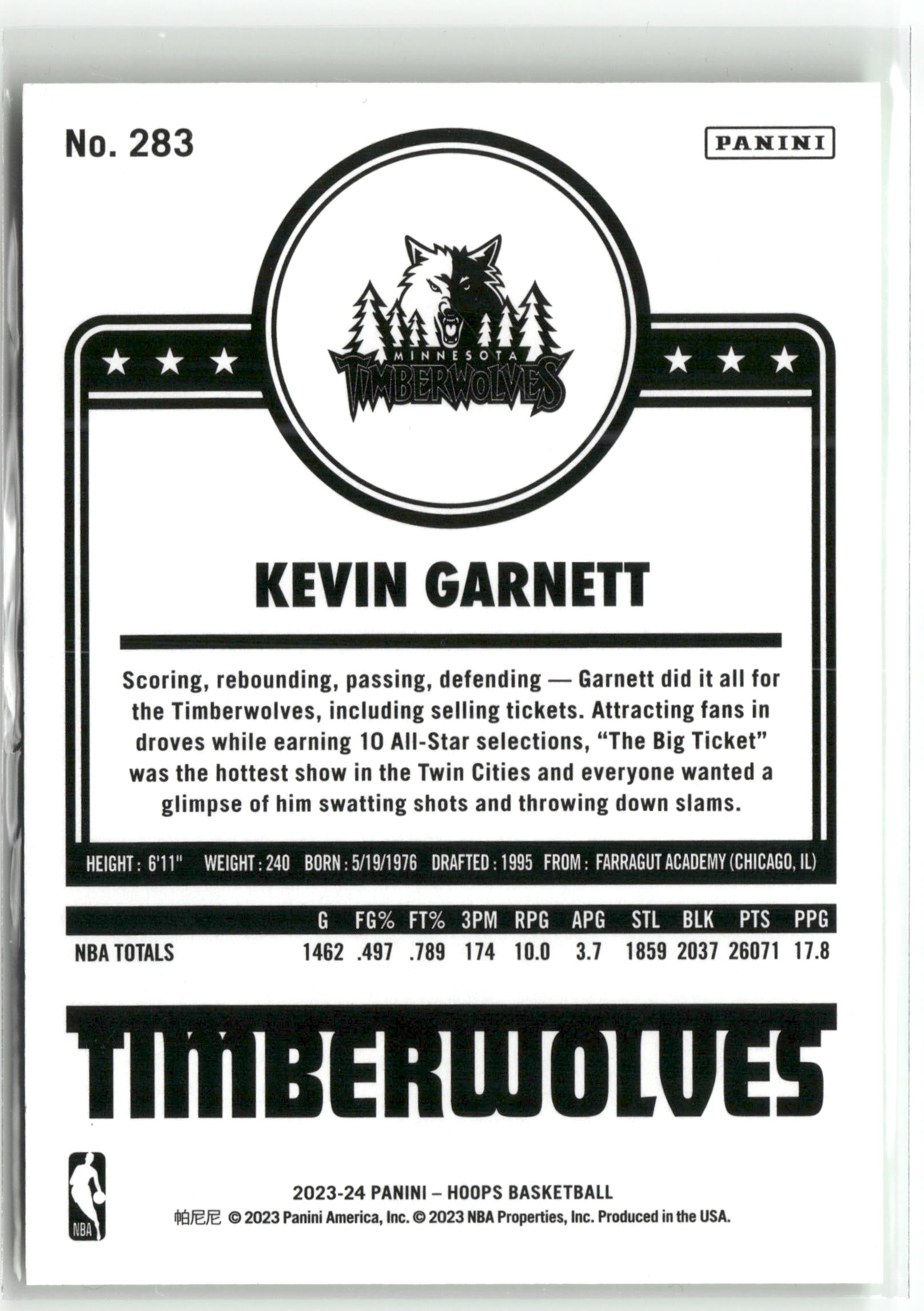 Basketball NBA Kevin Garnett 2023-24 Panini NBA Hoops #283 True Green Minnesota Timberwolves Trading Card Original