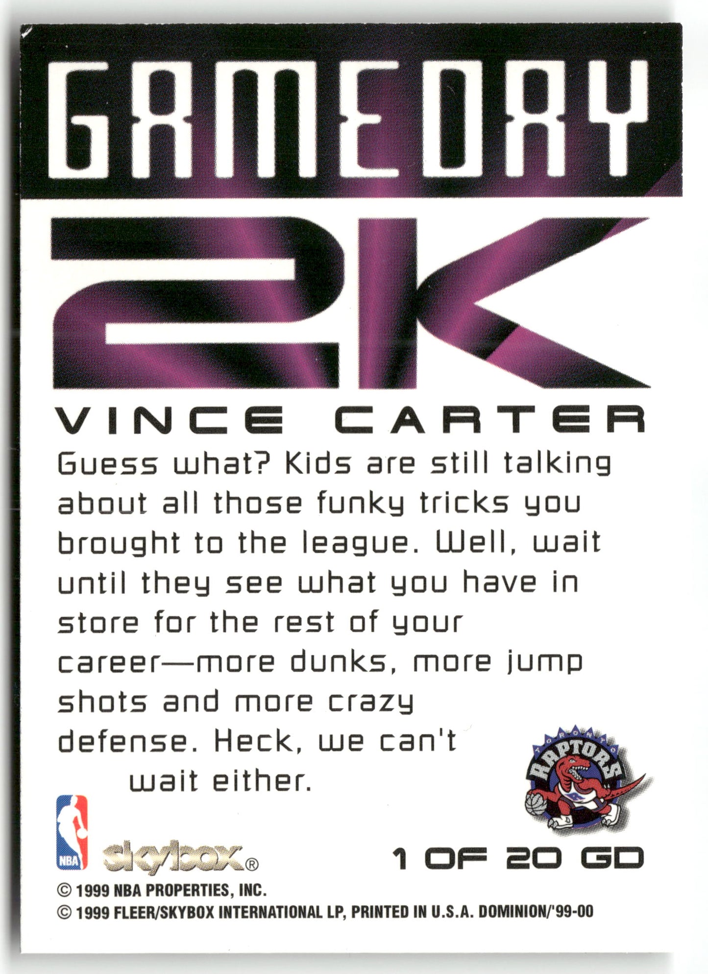 Basketball NBA Vince Carter 1999-00 SkyBox Dominion #1 of 20 GD Game Day 2k Toronto Raptors Trading Card Original