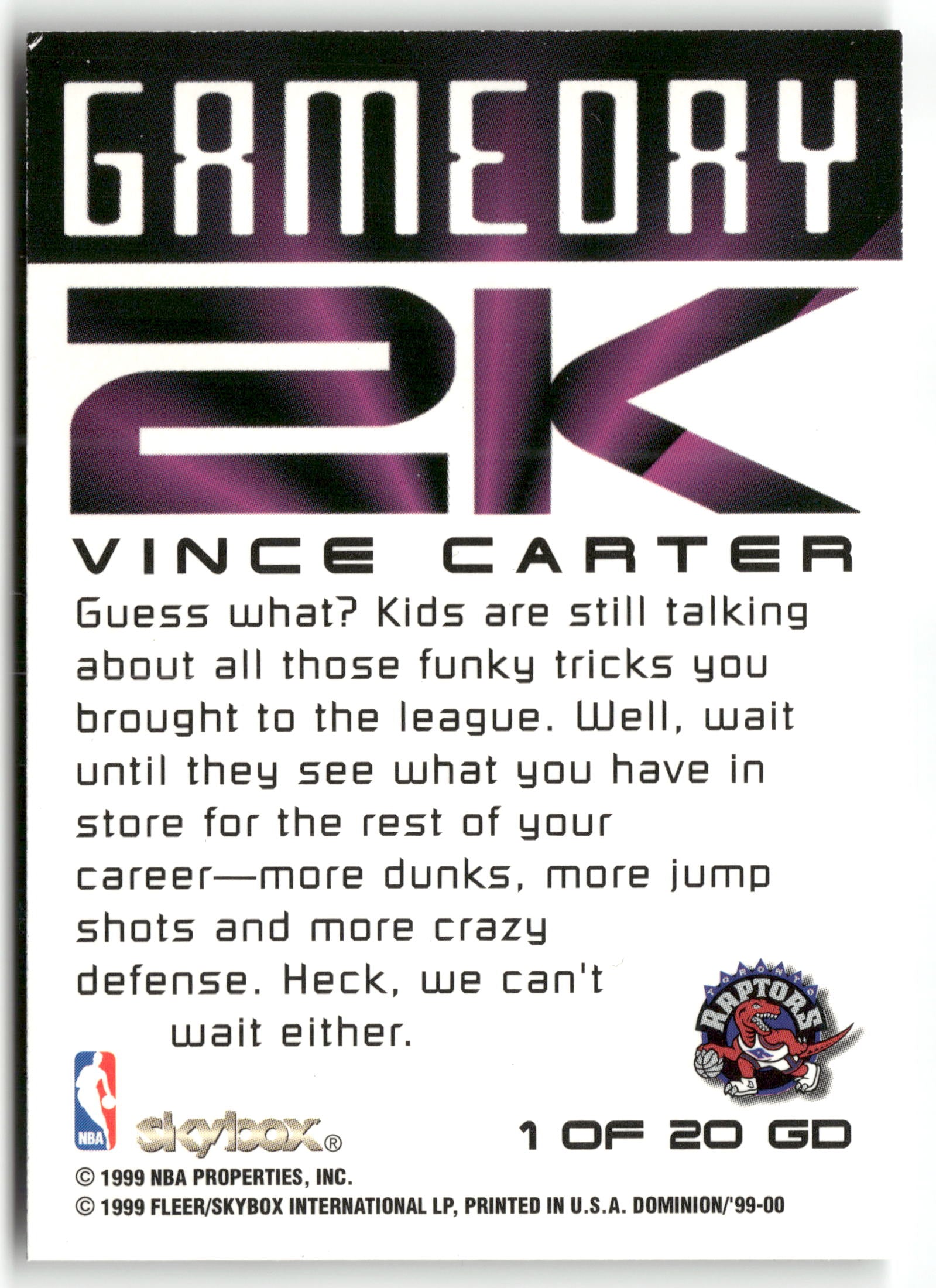 Basketball NBA Vince Carter 1999-00 SkyBox Dominion #1 of 20 GD Game Day 2k Toronto Raptors Trading Card Original