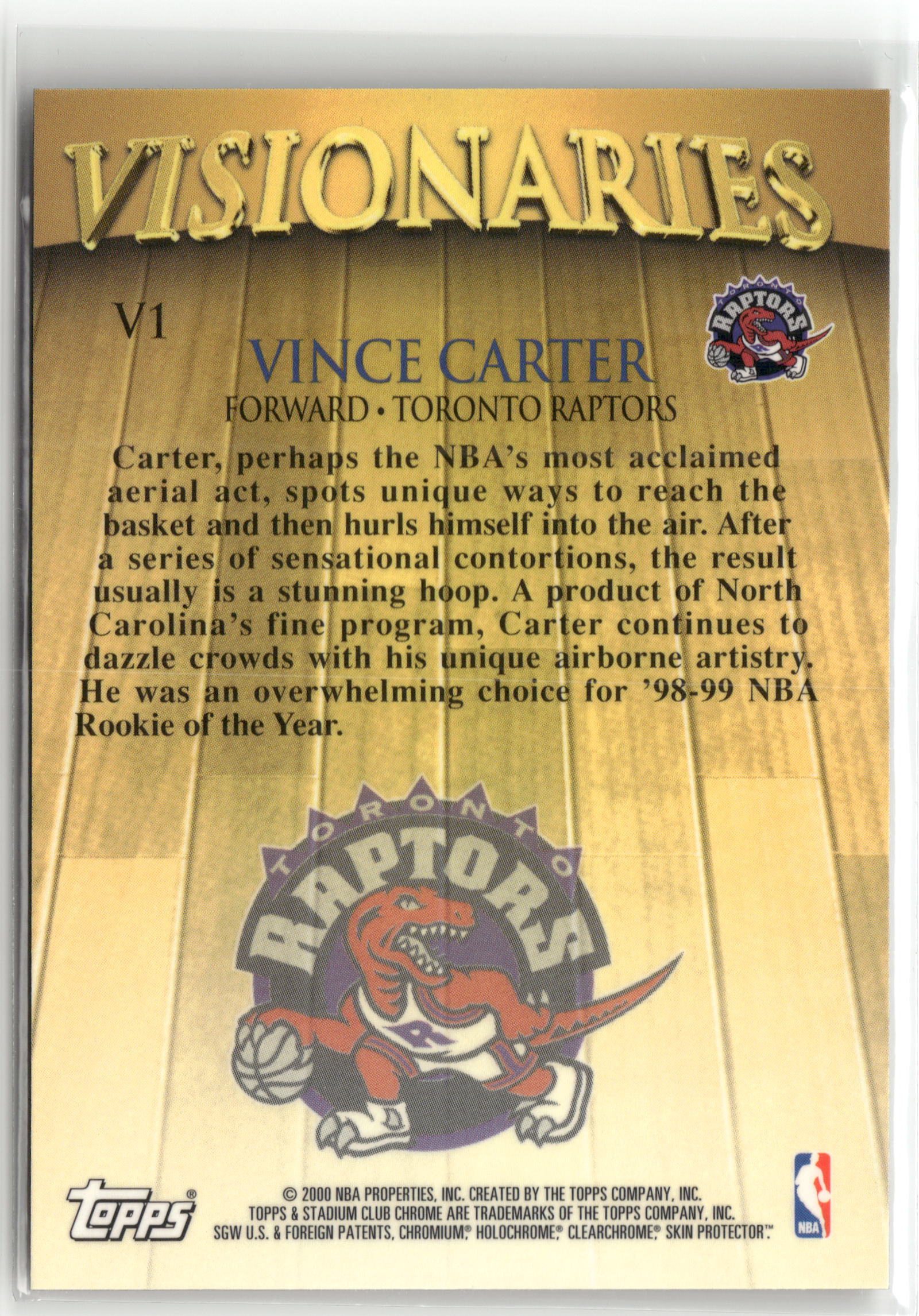 Basketball NBA Vince Carter 2000 Topps Stadium Club Chrome #V1 Visionaries Toronto Raptors Trading Card Original