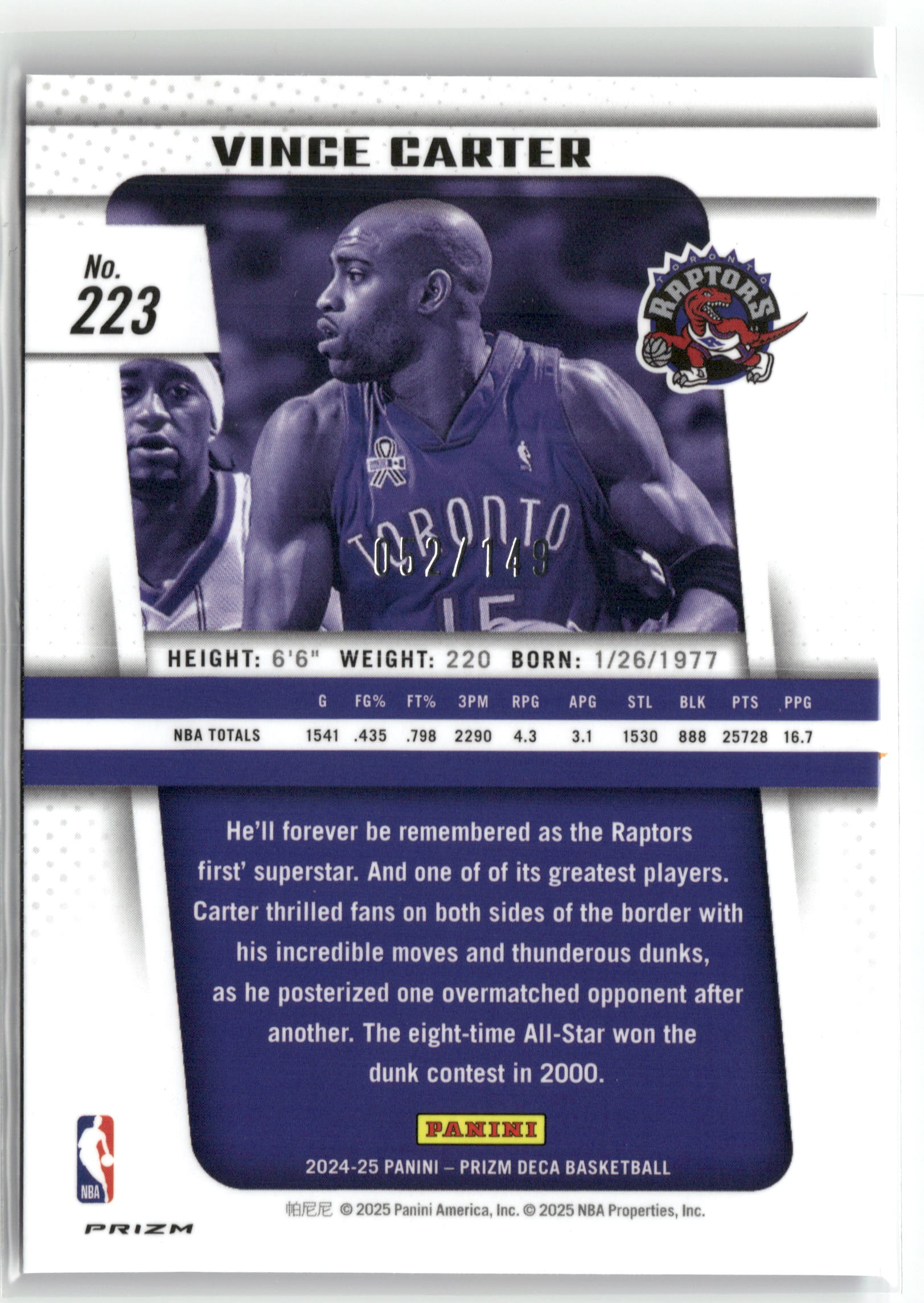 Basketball NBA Vince Carter 2024-25 Panini Prizm Deca Basketball #223 True Blue /149 Toronto Raptors Trading Card Original