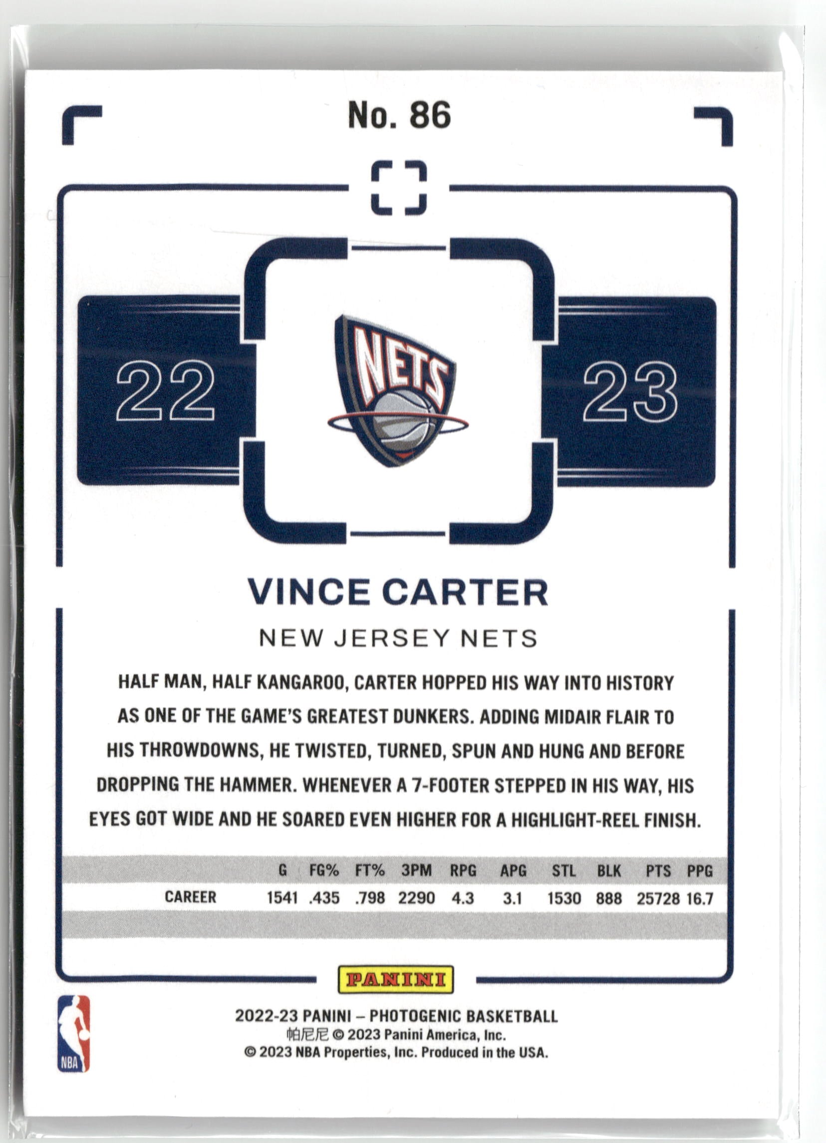 Basketball NBA Vince Carter 2022-23 Panini Photogenic Basketball #86 New Jersey Nets Trading Card Original