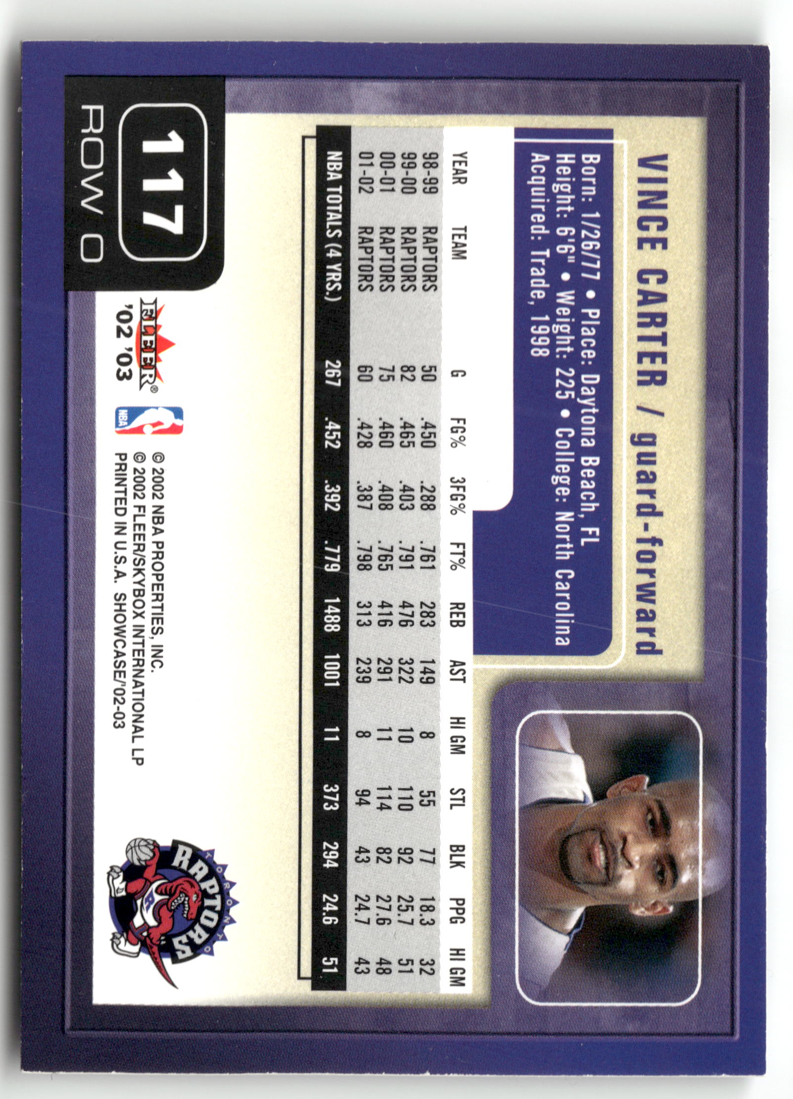 Basketball NBA Vince Carter 2002-03 Fleer NBA Showcase #117 Toronto Raptors Trading Card Original