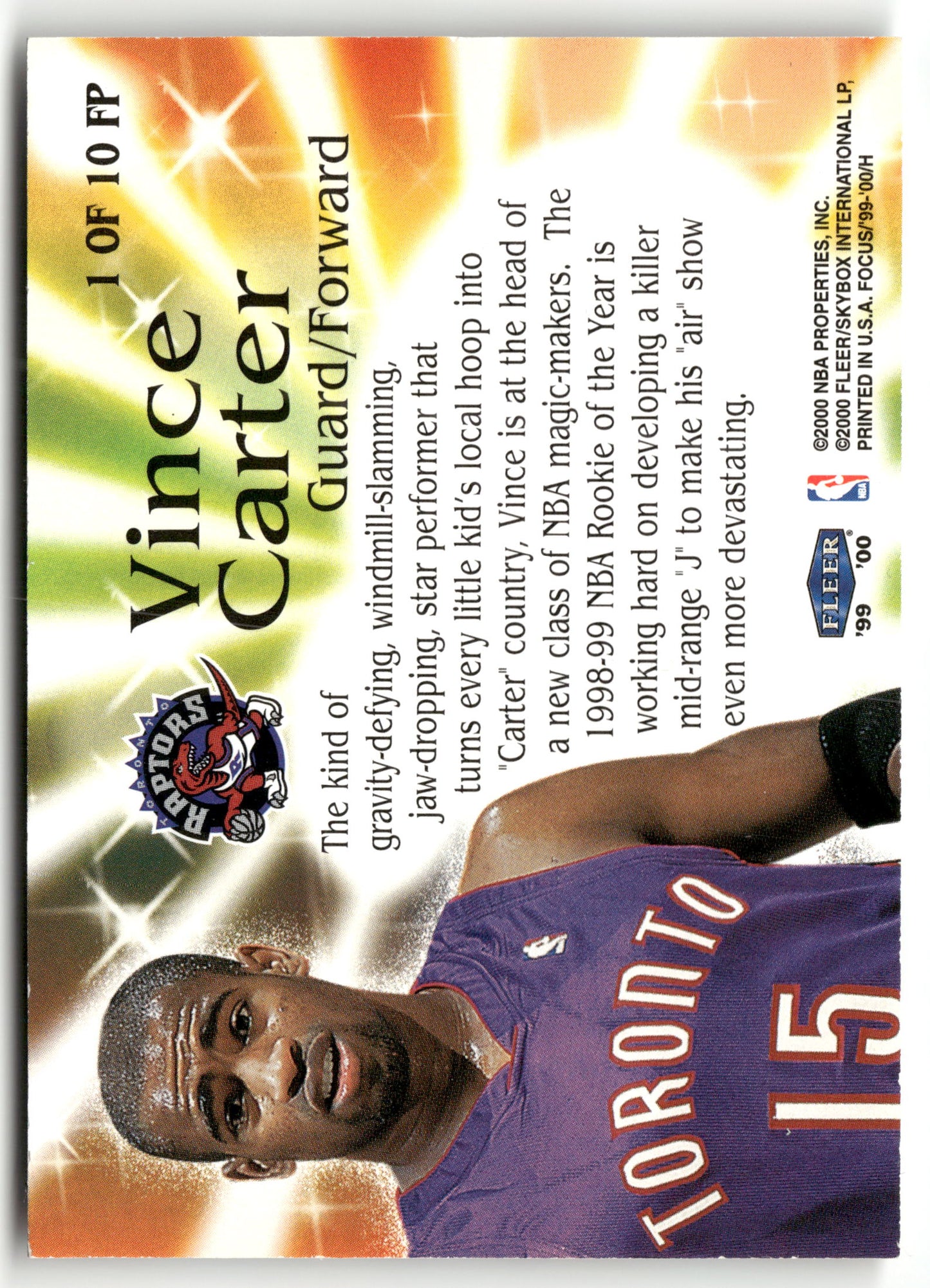Basketball NBA Vince Carter 1999-00 Fleer Focus #1 OF 10 FP Pocus Toronto Raptors Trading Card Original