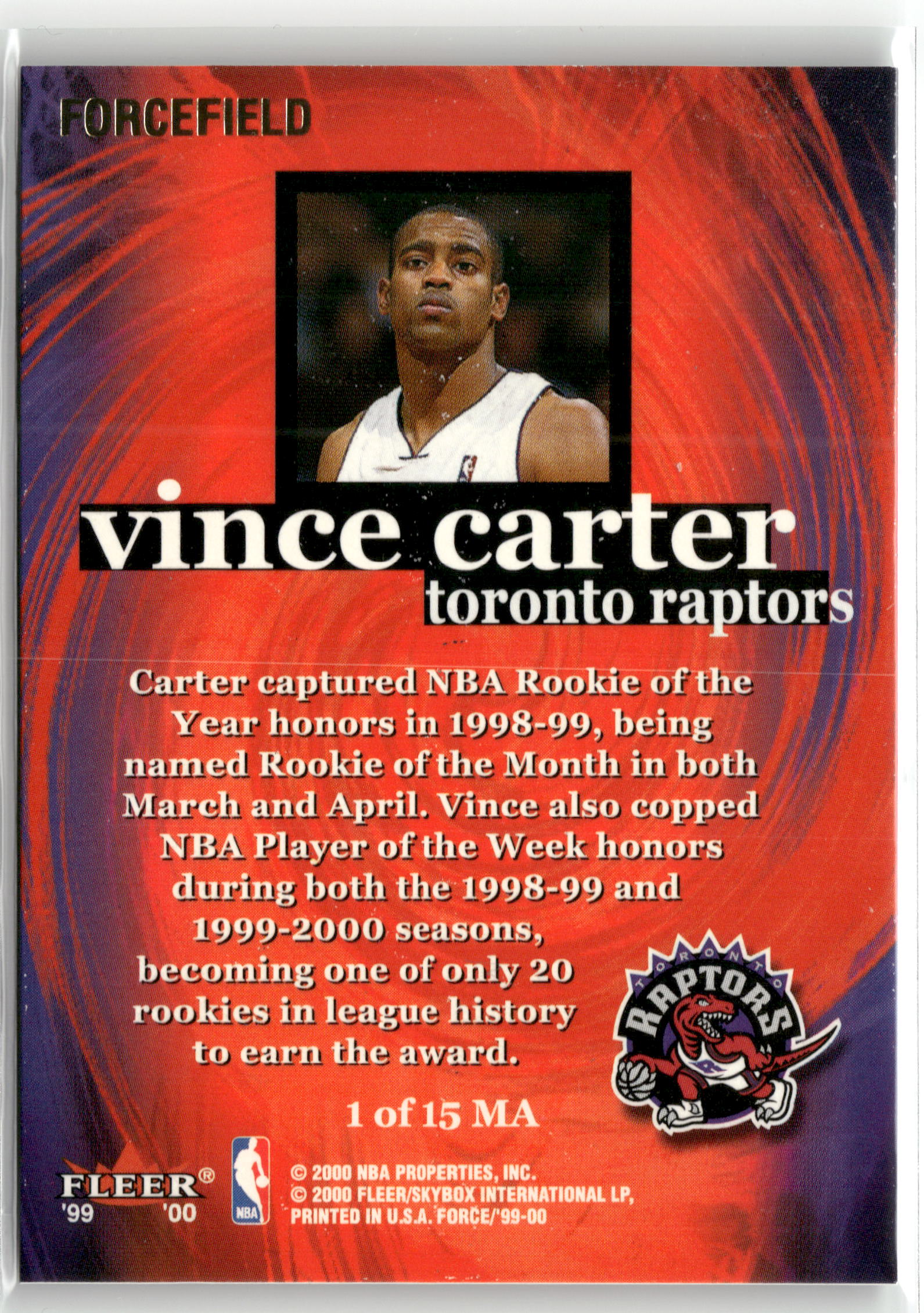 Basketball NBA Vince Carter 1999-00 Fleer Force #1 of 15 MA Mission Accomplished Rainbow Foil Toronto Raptors Trading Card Original