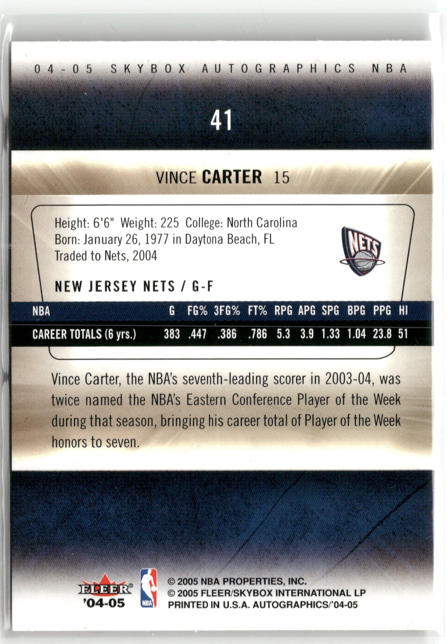 Basketball NBA Vince Carter 2004-05 SkyBox Autographics NBA #41 New Jersey Nets Trading Card Original