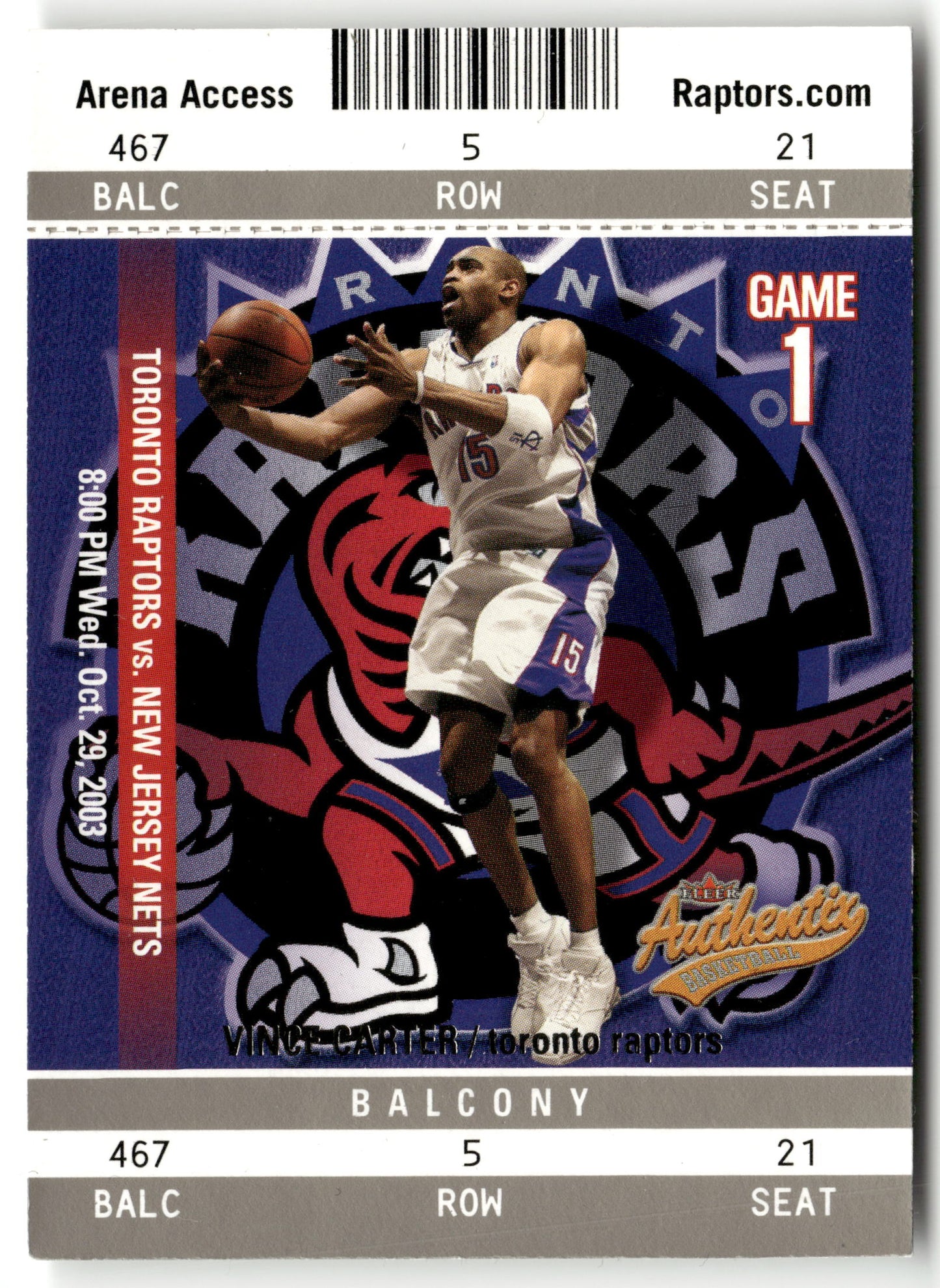 Basketball NBA Vince Carter 2003-04 Fleer Authentix #1 Arena Access 22/250 Toronto Raptors Trading Card Original
