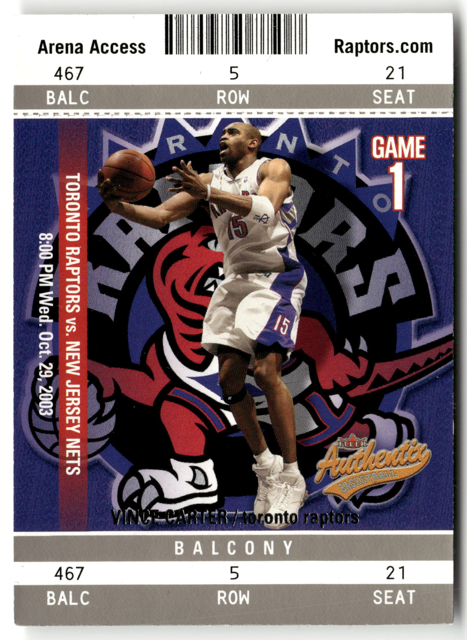 Basketball NBA Vince Carter 2003-04 Fleer Authentix #1 Arena Access 22/250 Toronto Raptors Trading Card Original
