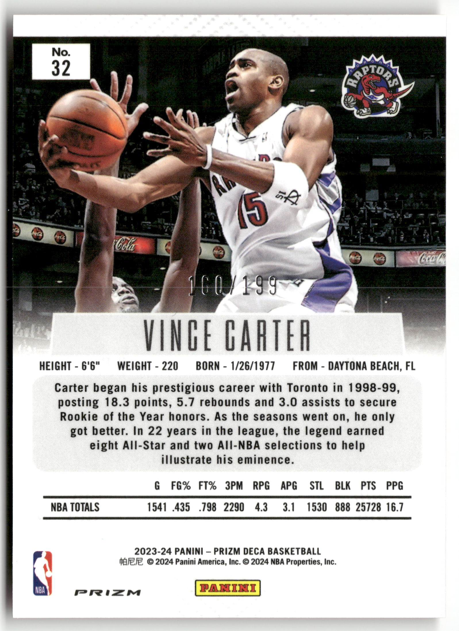 Basketball NBA Vince Carter 2023-24 Panini Prizm Deca Basketball #32 True Red /199 Toronto Raptors Trading Card Original