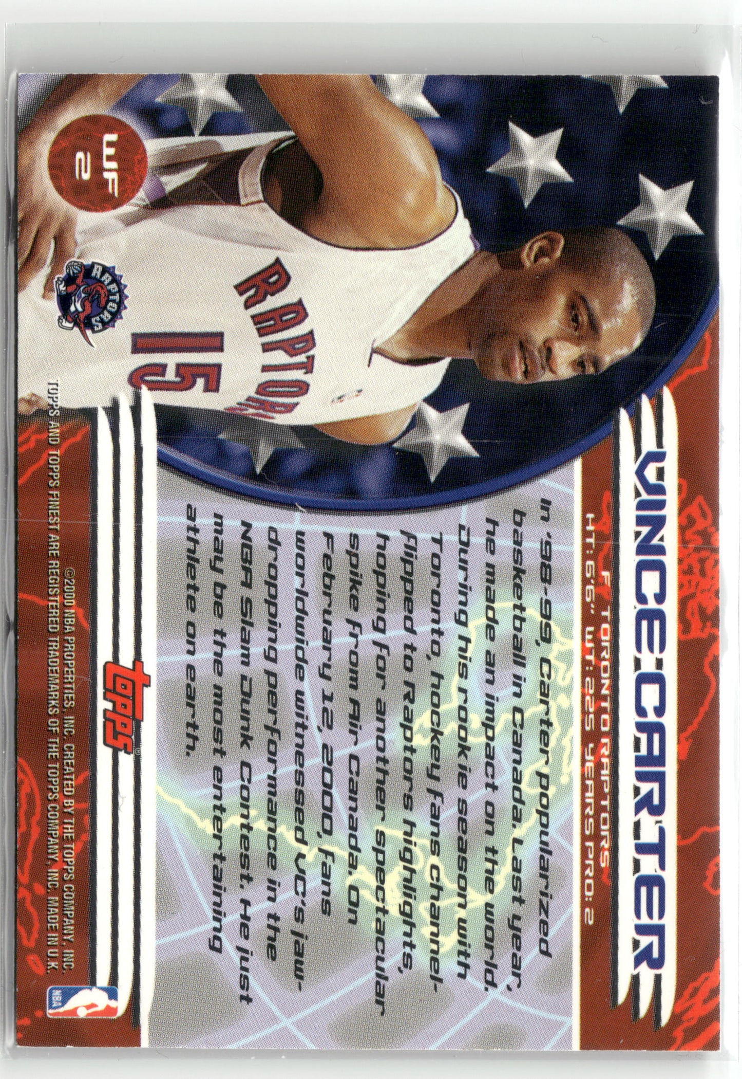 Basketball NBA Vince Carter 2000 Topps Finest World's Finest #WF2 Refractor Toronto Raptors Trading Card Original