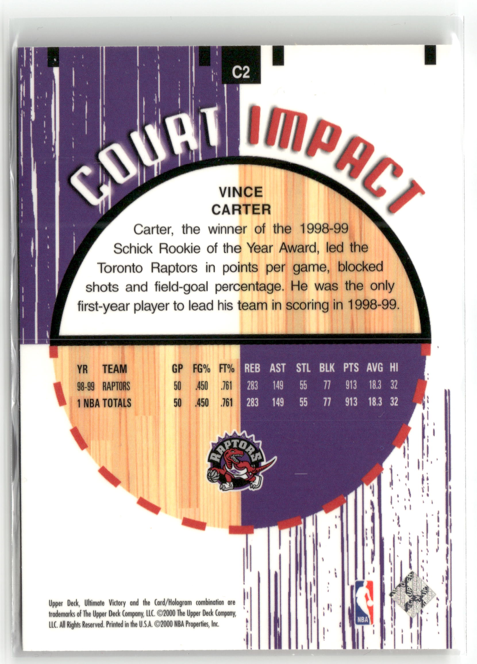 Basketball NBA Vince Carter Upper Deck Ultimate Victory 1999-00 #C2 Court Impact Toronto Raptors Trading Card Original