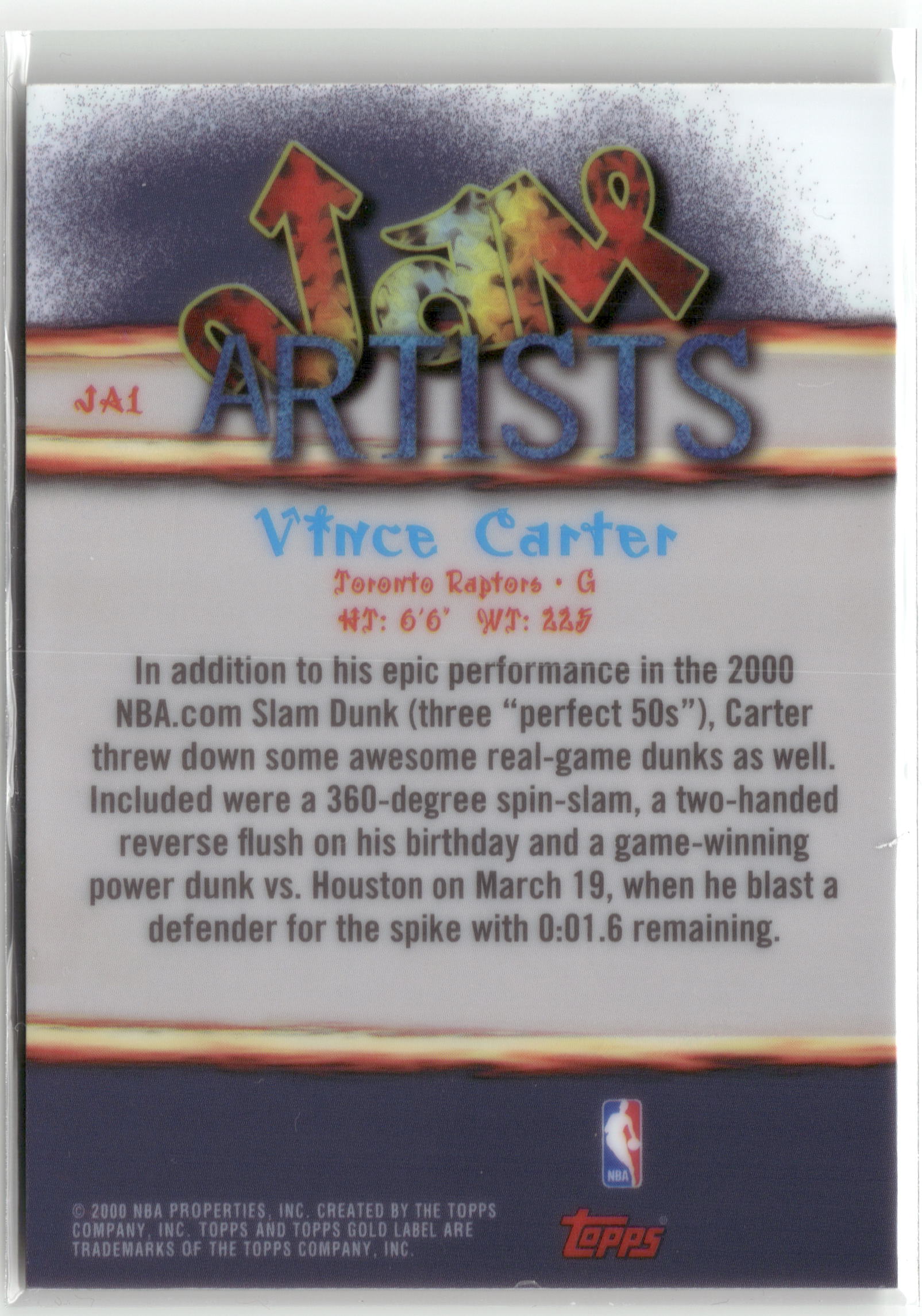 Basketball NBA Vince Carter 2000 Topps Gold Label #JA1 Jam Artists Toronto Raptors Trading Card Original